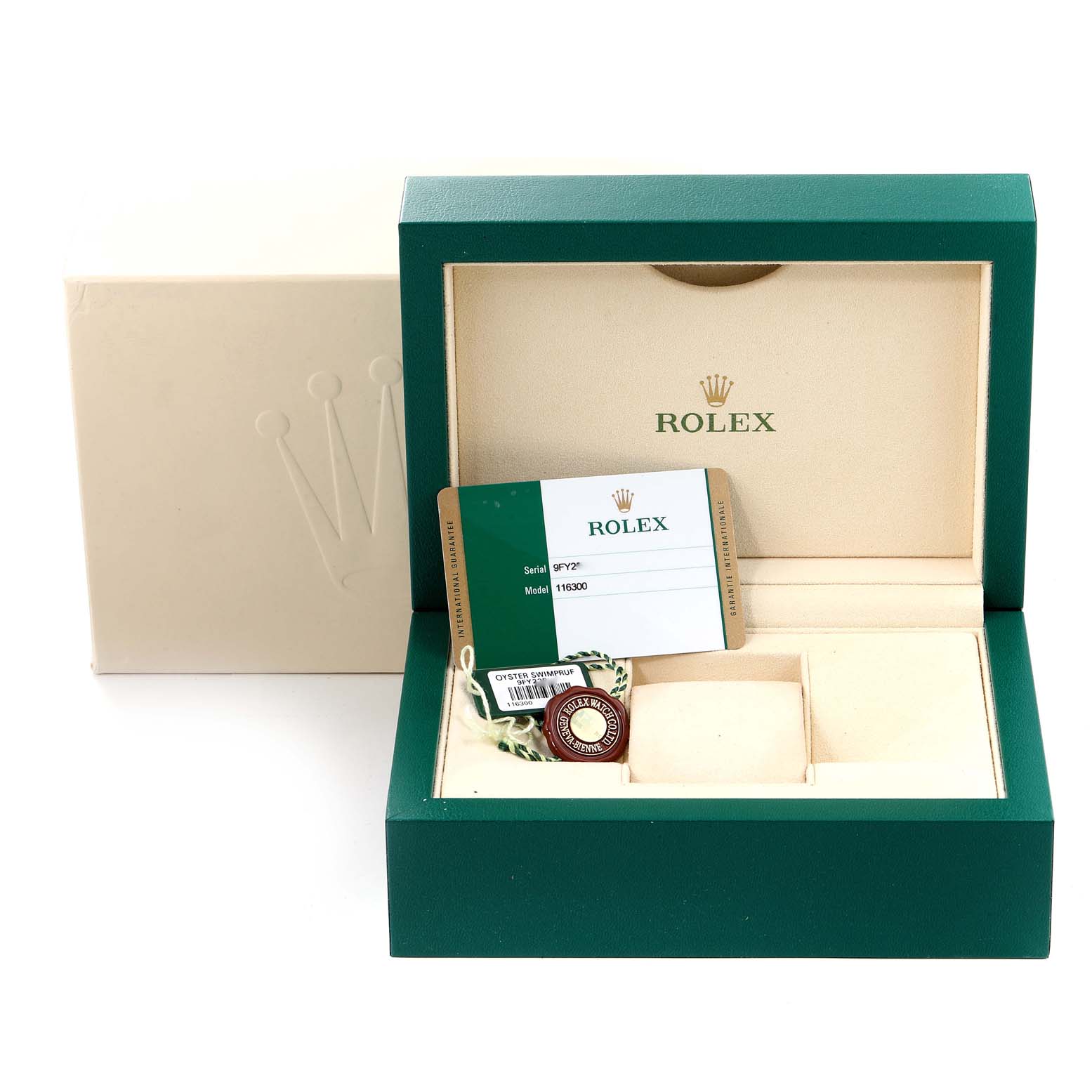 The image shows an open Rolex box for the Datejust 41 model, displaying the warranty card and tag.