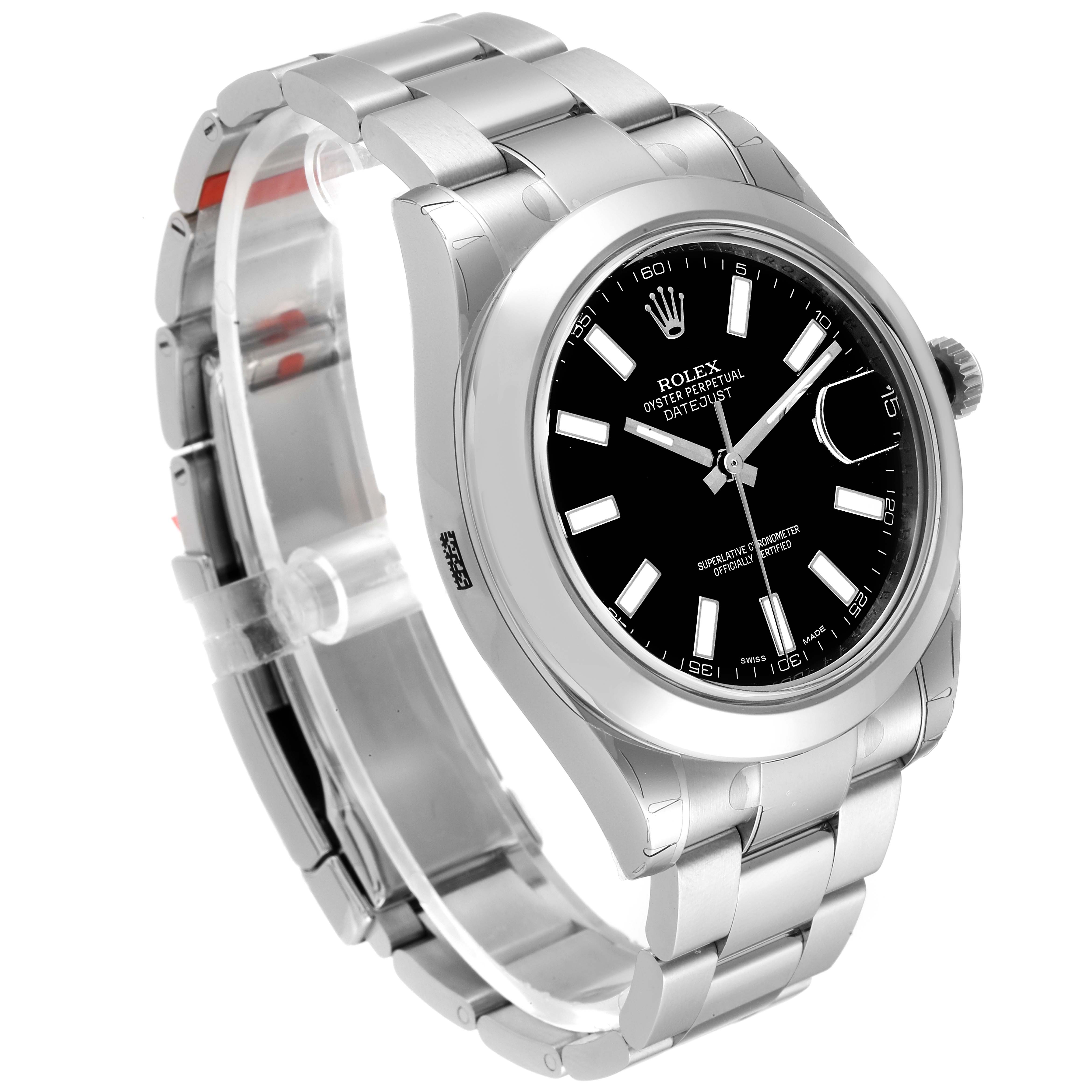 The image shows a Rolex Datejust 41 116300 Men
s Stainless Steel Black Dial 116300 Men
s Stainless Steel Black Dial model watch from a side angle, highlighting the bracelet, bezel, and black dial.