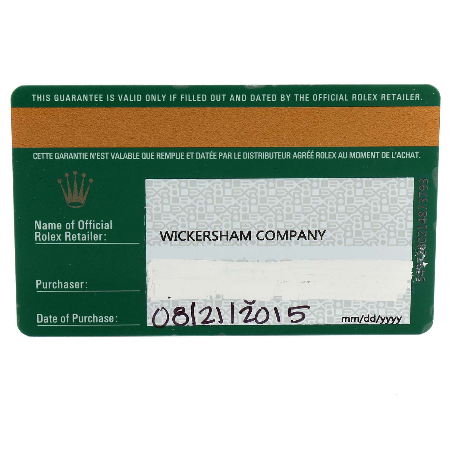 The image shows a Rolex warranty card for the Datejust 41 model by Rolex, detailing the retailer and date of purchase.