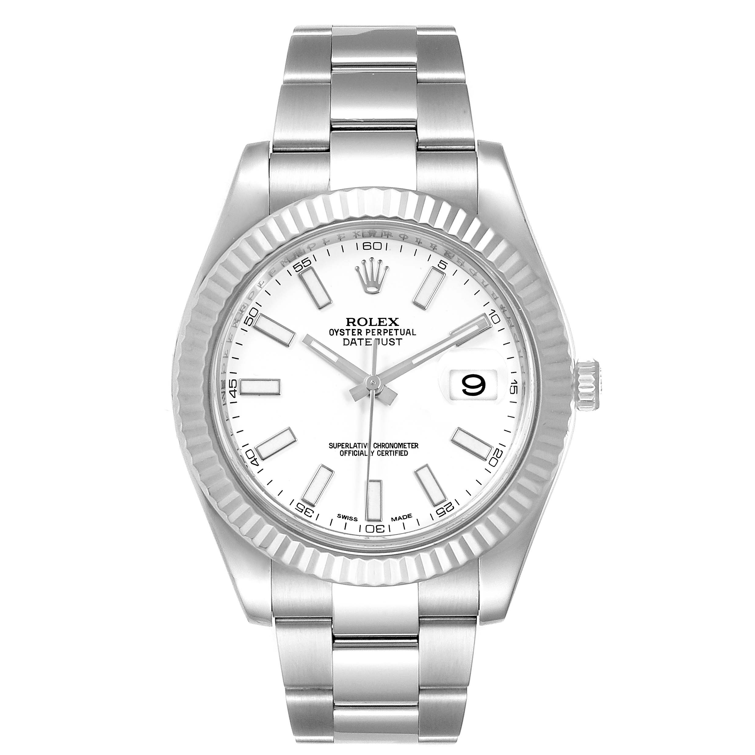 The image depicts a Rolex Datejust 41 116334 Men
s Stainless Steel White Dial 116334 Men
s Stainless Steel White Dial watch, showing a straight-on view of the full watch including the face, bezel, and bracelet.