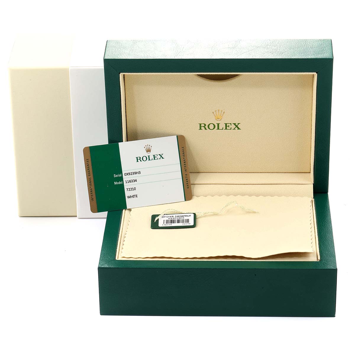 The image shows the packaging and accessories, including a manual and Best Quality
ity card for the Rolex Datejust 41 116334 Men
s Stainless Steel White Dial 116334 Men
s Stainless Steel White Dial.