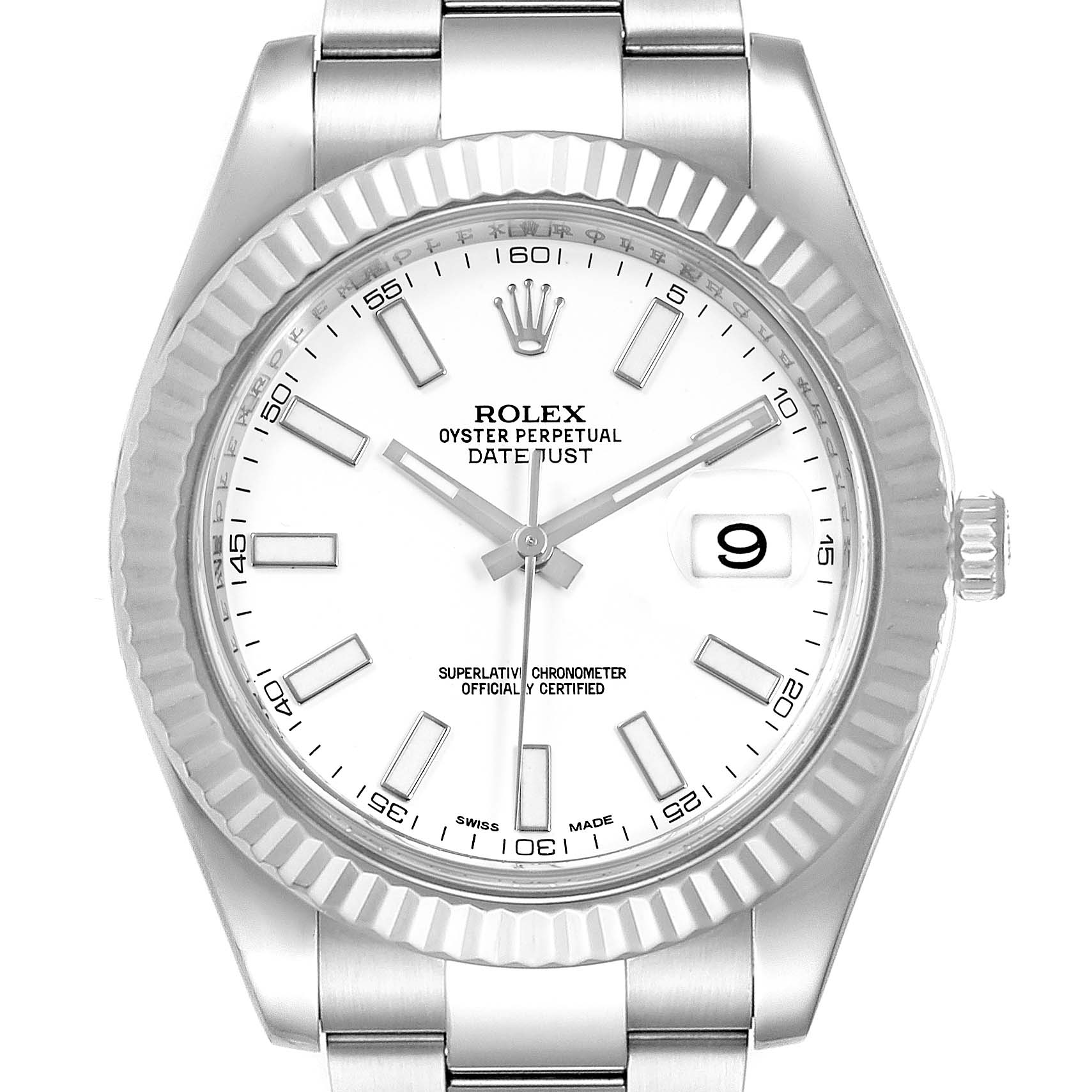 The image shows a front view of a Rolex Datejust 41 116334 Men
s Stainless Steel White Dial 116334 Men
s Stainless Steel White Dial watch, highlighting its dial, bezel, hands, date window, and part of the bracelet.