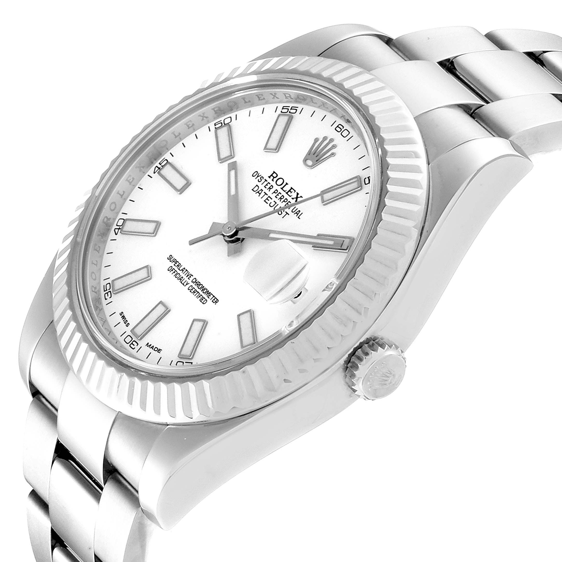 The image shows a Rolex Datejust 41 116334 Men
s Stainless Steel White Dial 116334 Men
s Stainless Steel White Dial watch at a front-right angle, highlighting the dial, fluted bezel, and part of the bracelet.