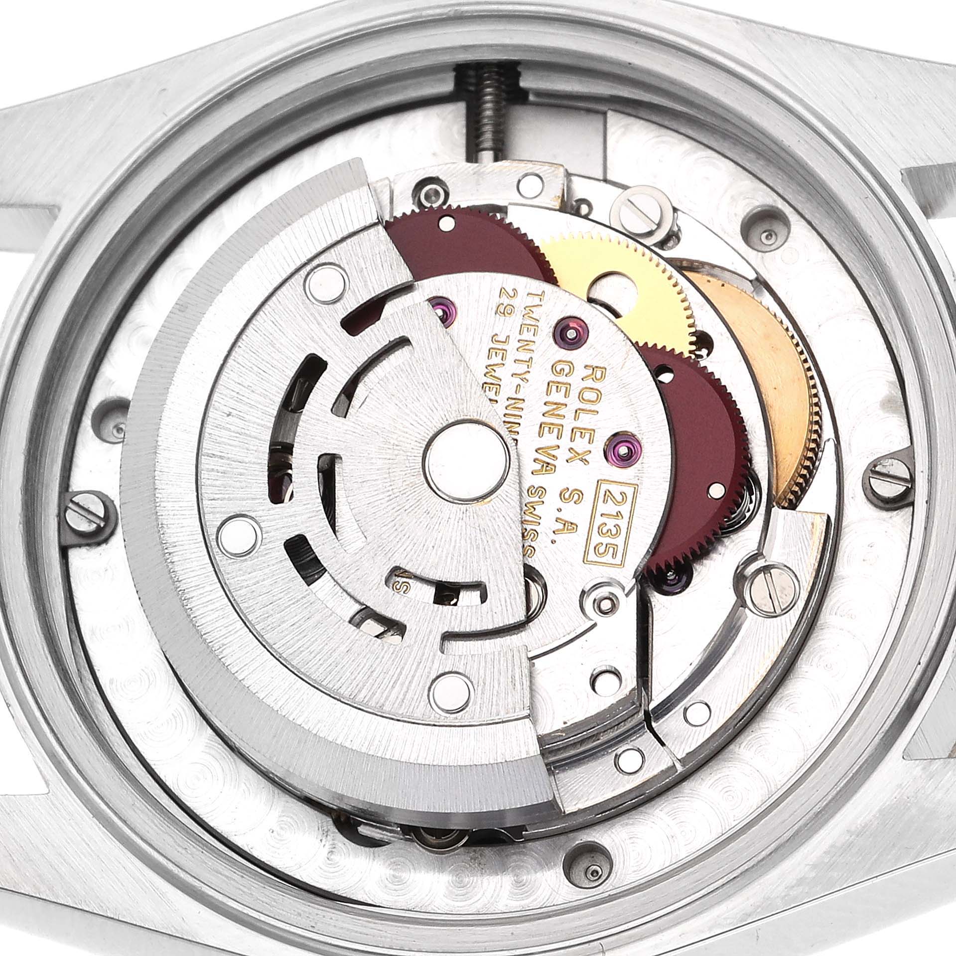This image shows the internal movement mechanism of a Rolex Mid-Size 68273 Women's Steel and Gold (two tone) Black Dial 68273 Women's Steel and Gold (two tone) Black Dial model watch, highlighting gears and the rotor.