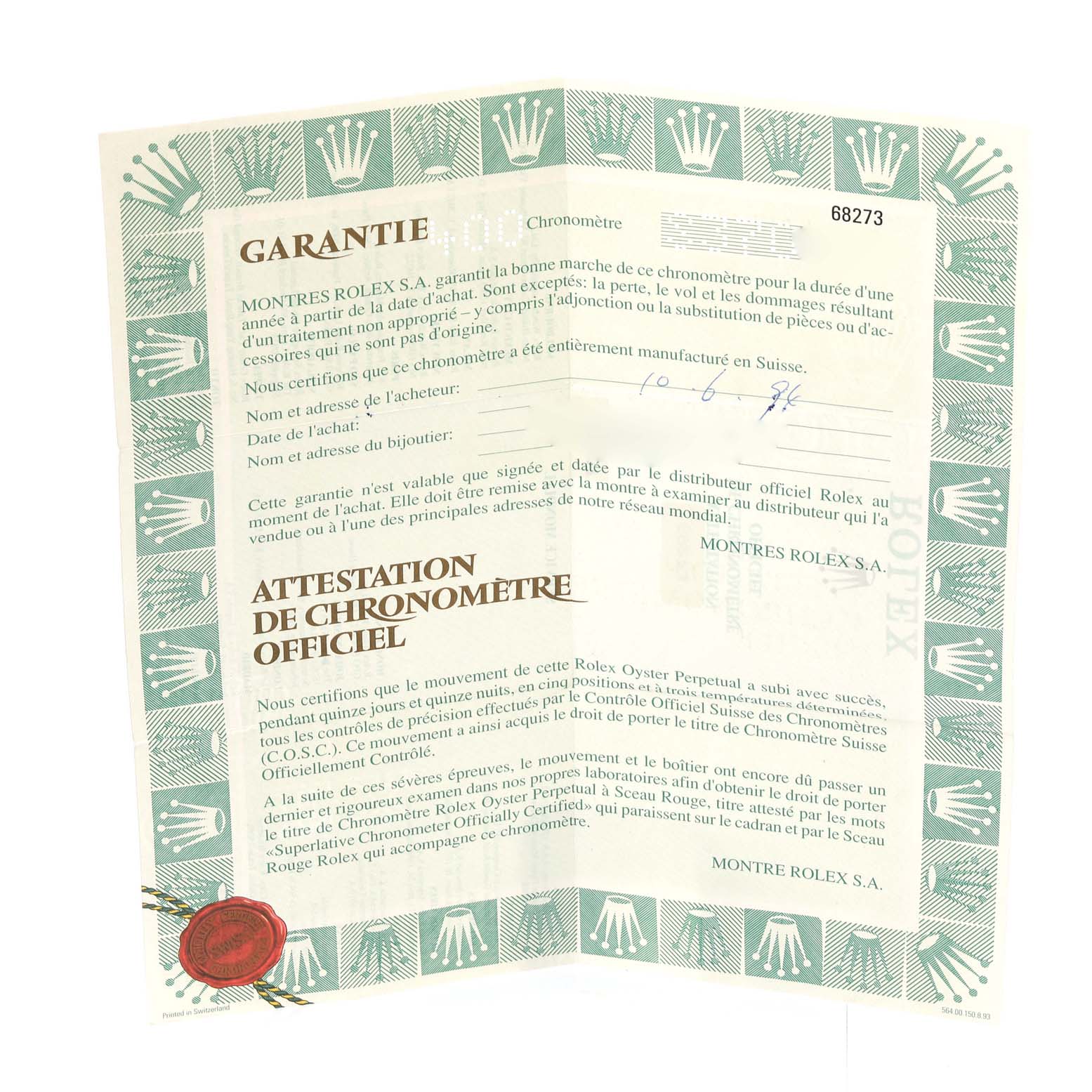 The image shows the warranty and official chronometer certification document for a mid-size Rolex watch.