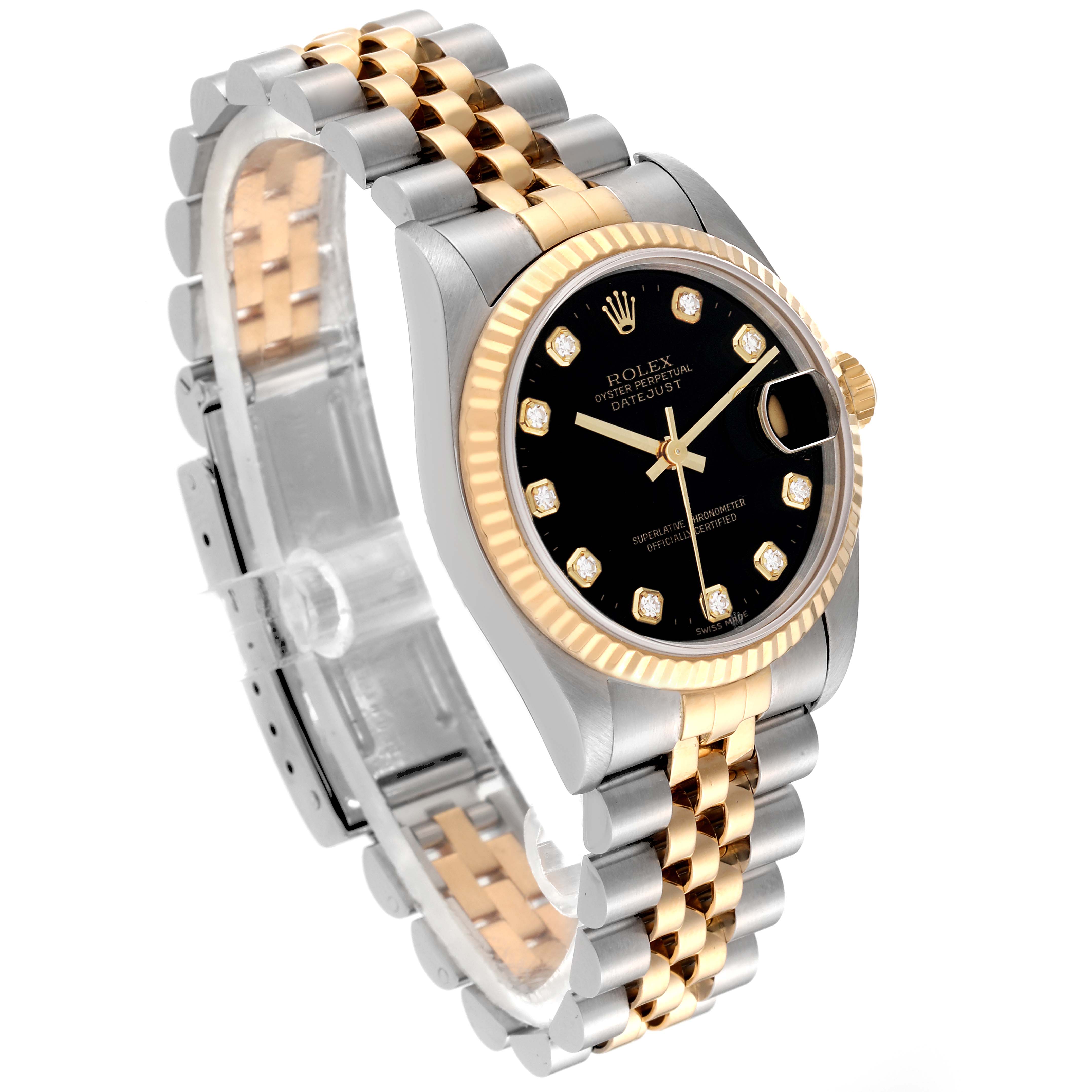 This image shows a Rolex Mid-Size 68273 Women's Steel and Gold (two tone) Black Dial 68273 Women's Steel and Gold (two tone) Black Dial Datejust watch at a slight angle, highlighting its black dial, fluted bezel, and two-tone bracelet.