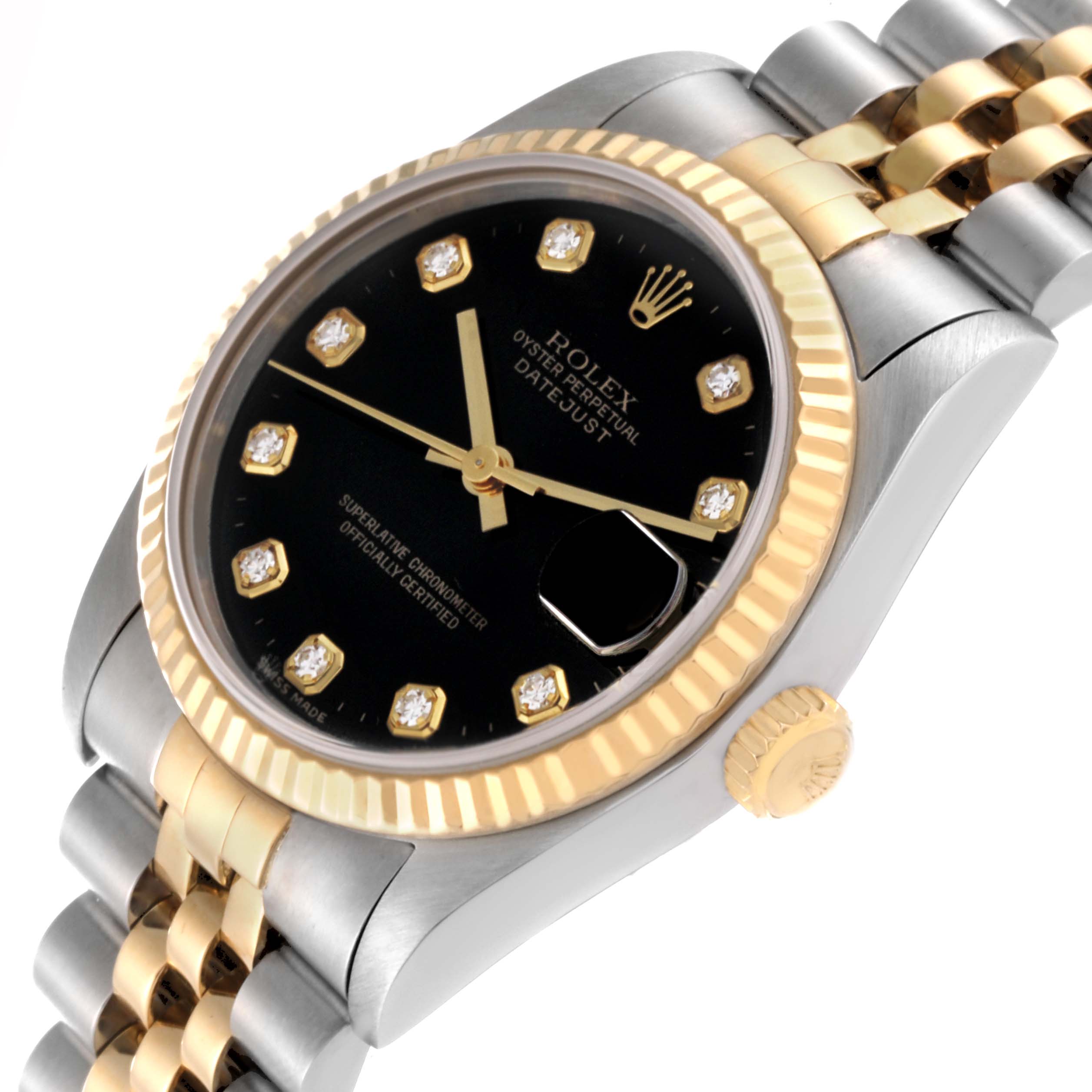 This image shows a close-up angle of a Rolex Oyster Perpetual Datejust Mid-Size watch, highlighting its face, bezel, and part of the bracelet.
