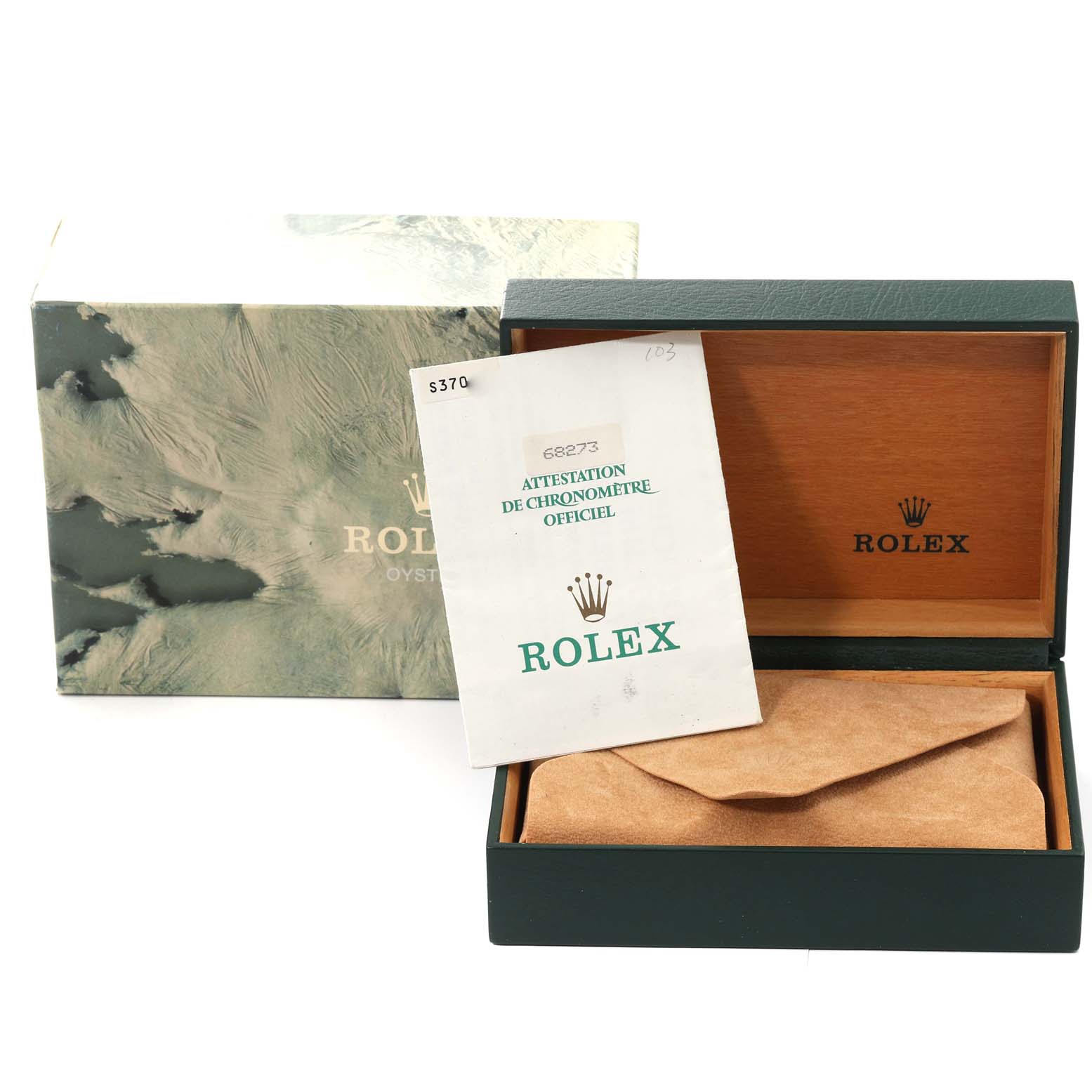 The image shows a Rolex Mid-Size 68273 Women's Steel and Gold (two tone) Black Dial 68273 Women's Steel and Gold (two tone) Black Dial model box, an official certification document, and a suede pouch for the watch.