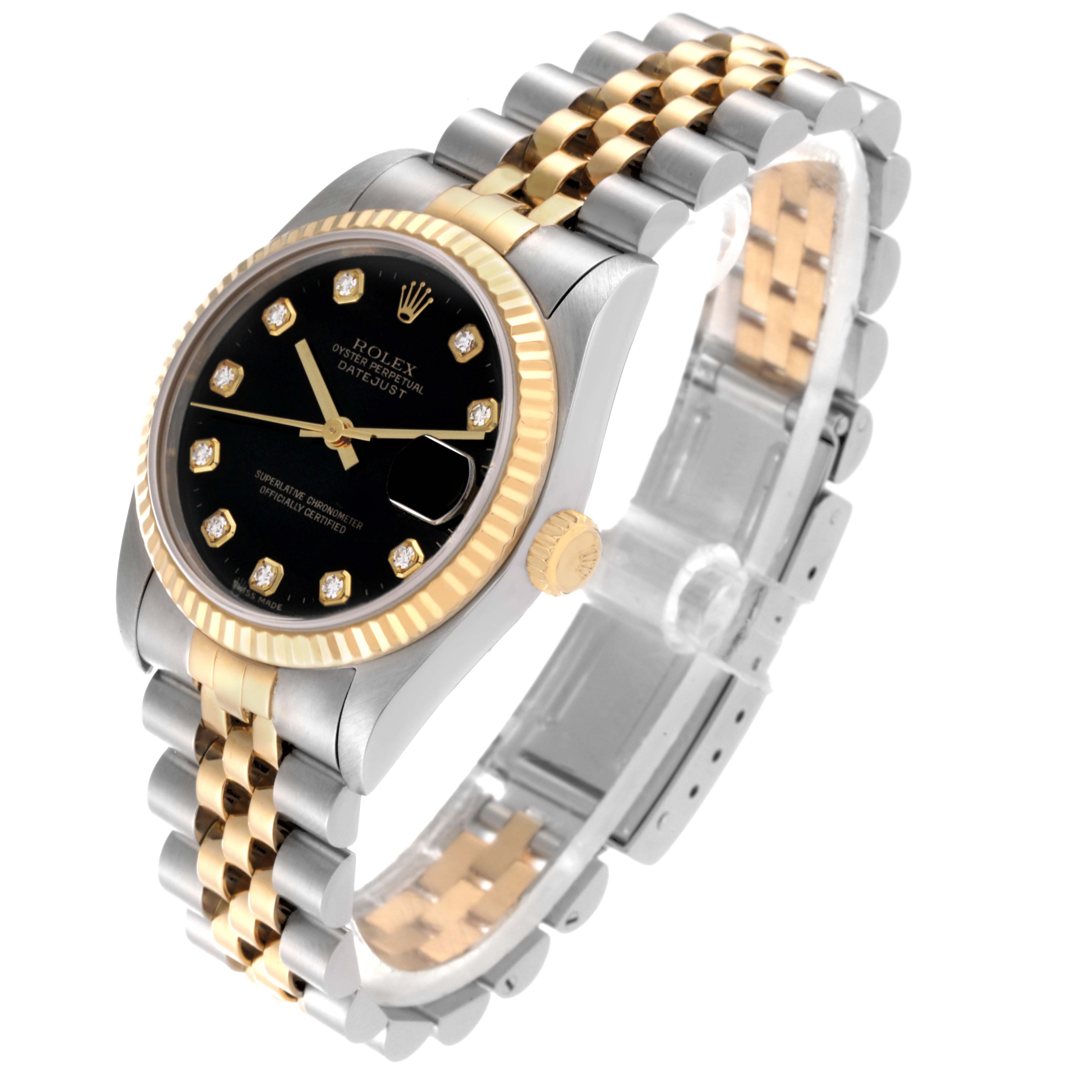 The Rolex Mid-Size 68273 Women's Steel and Gold (two tone) Black Dial 68273 Women's Steel and Gold (two tone) Black Dial watch is shown at an angled view, highlighting its black dial, gold bezel, crown, and two-tone bracelet.