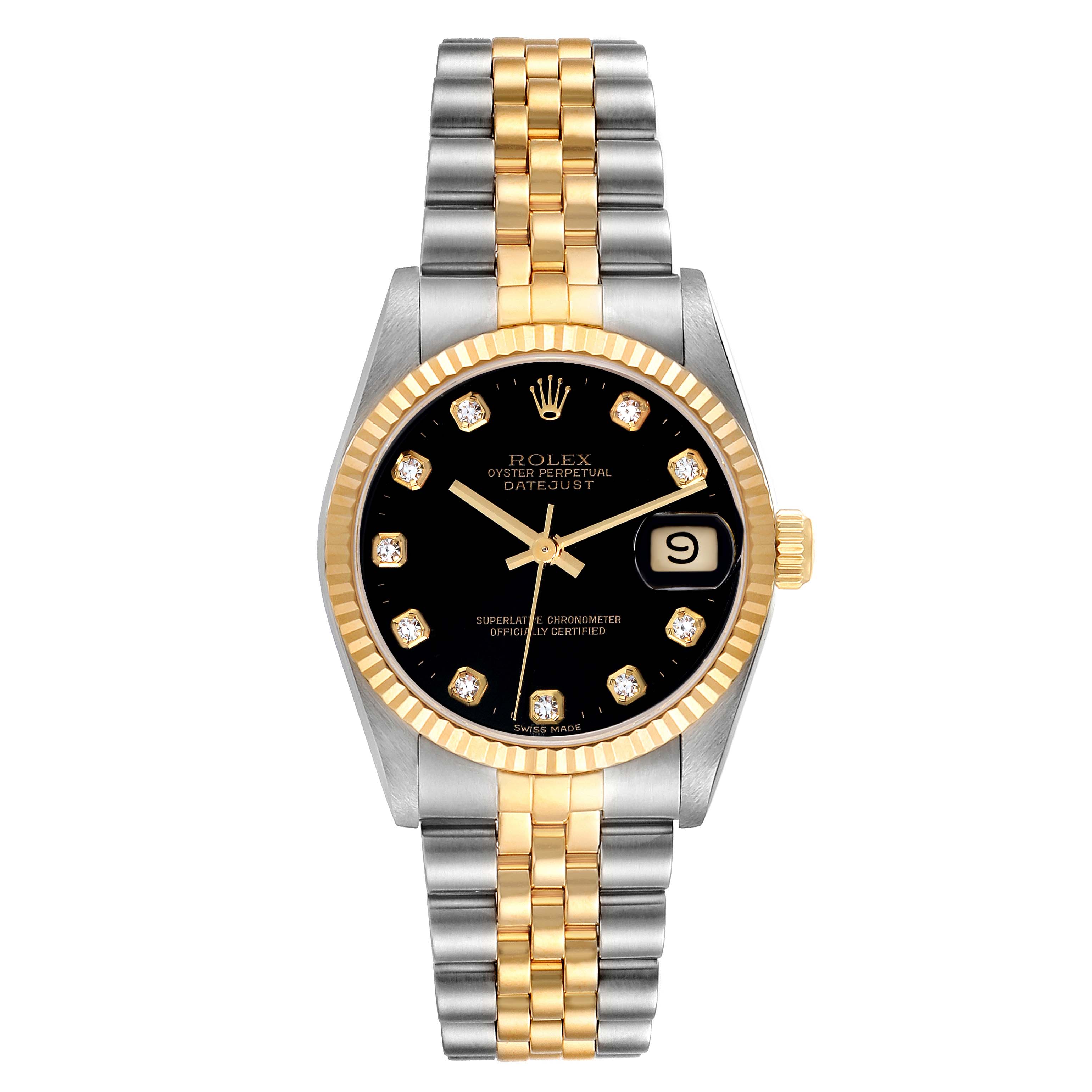 This is a Rolex Mid-Size 68273 Women's Steel and Gold (two tone) Black Dial 68273 Women's Steel and Gold (two tone) Black Dial Datejust watch shown from a front angle, displaying the face, bezel, and bracelet.