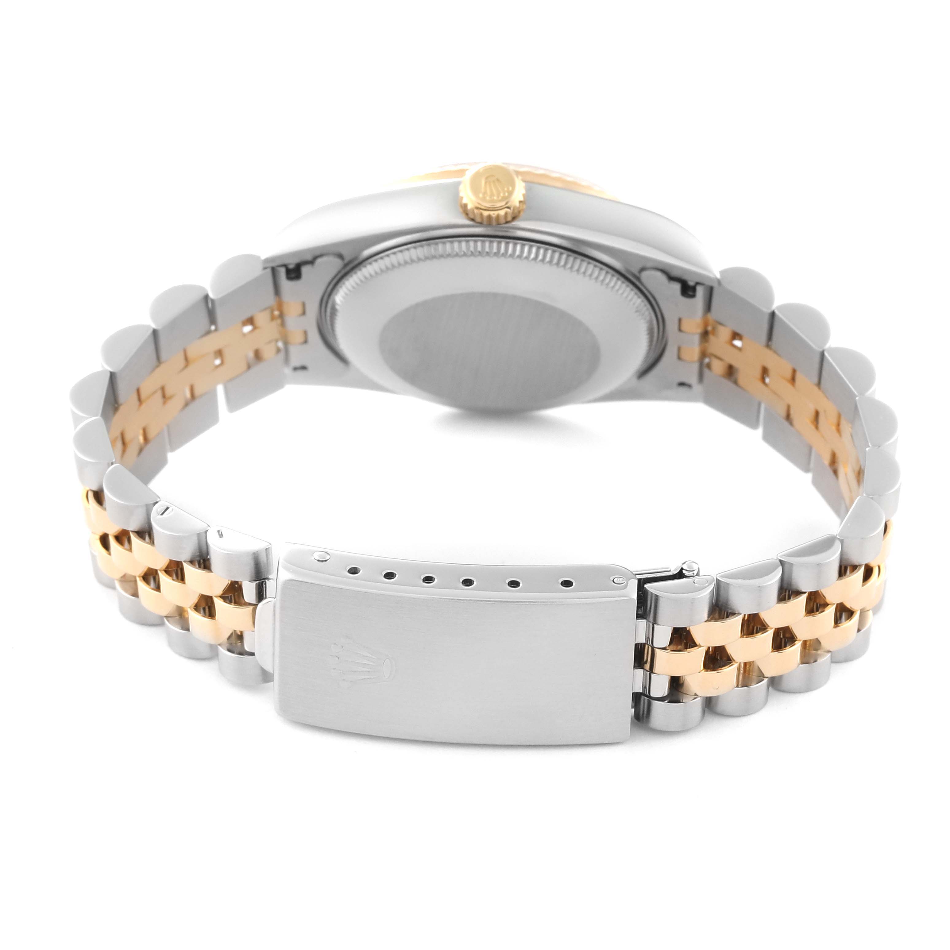 This image shows the back and band of the Mid-Size Rolex watch, highlighting its clasp and two-tone metal design.