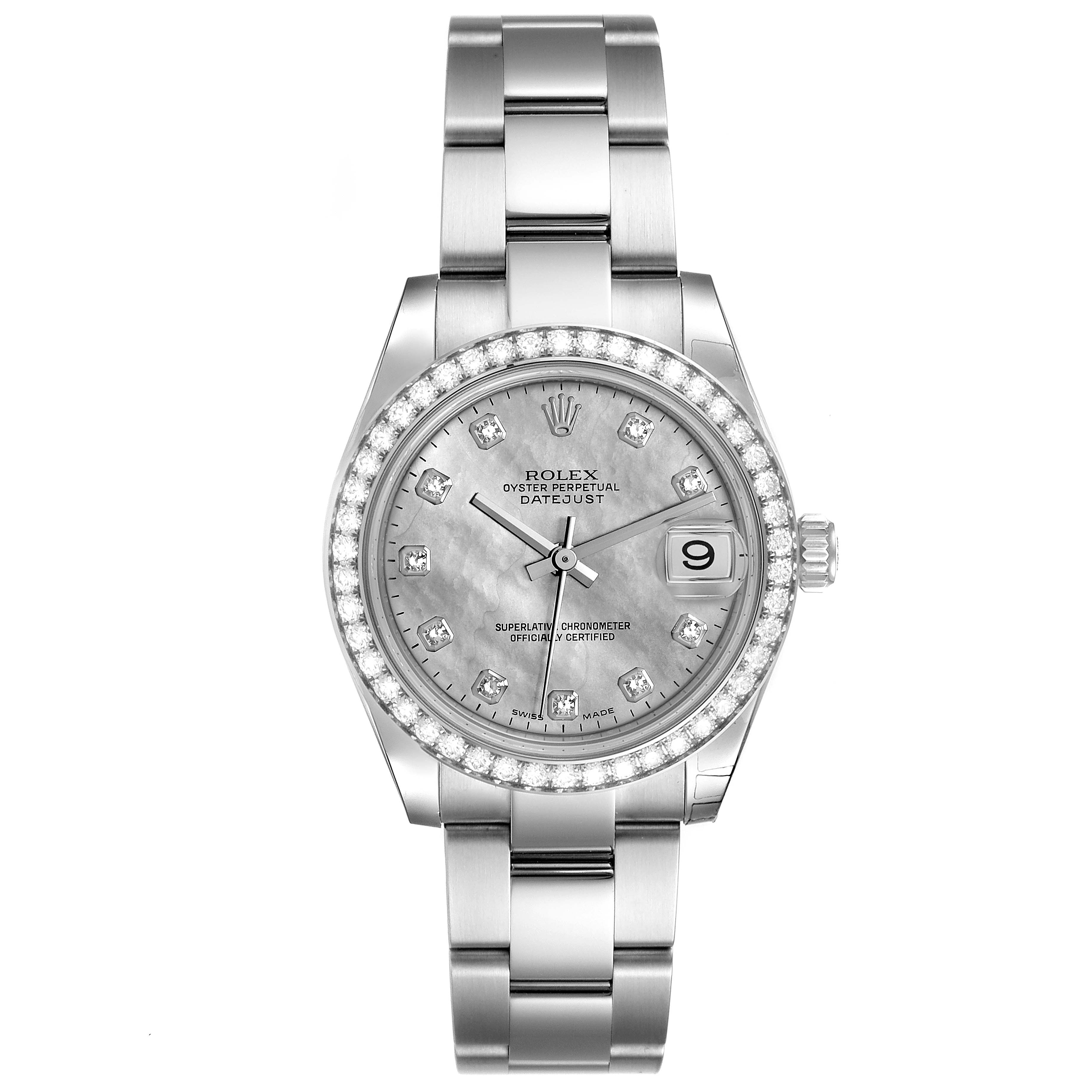 This image shows a front view of a Rolex Mid-Size 178384 Women
s Stainless Steel Mother of Pearl Dial 178384 Women
s Stainless Steel Mother of Pearl Dial Oyster Perpetual Datejust watch with a metal bracelet and a diamond-encrusted bezel.