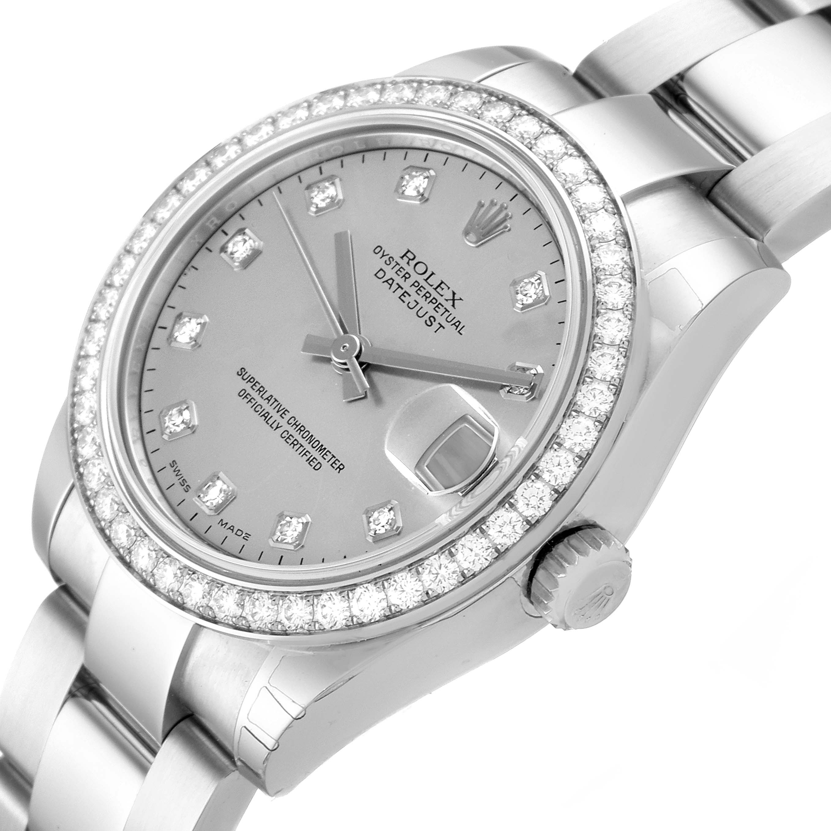 The image shows a Rolex Mid-Size 178384 Women
s Stainless Steel Mother of Pearl Dial 178384 Women
s Stainless Steel Mother of Pearl Dial Oyster Perpetual Datejust watch viewed from an angle, highlighting its face, bezel, and part of the bracelet.