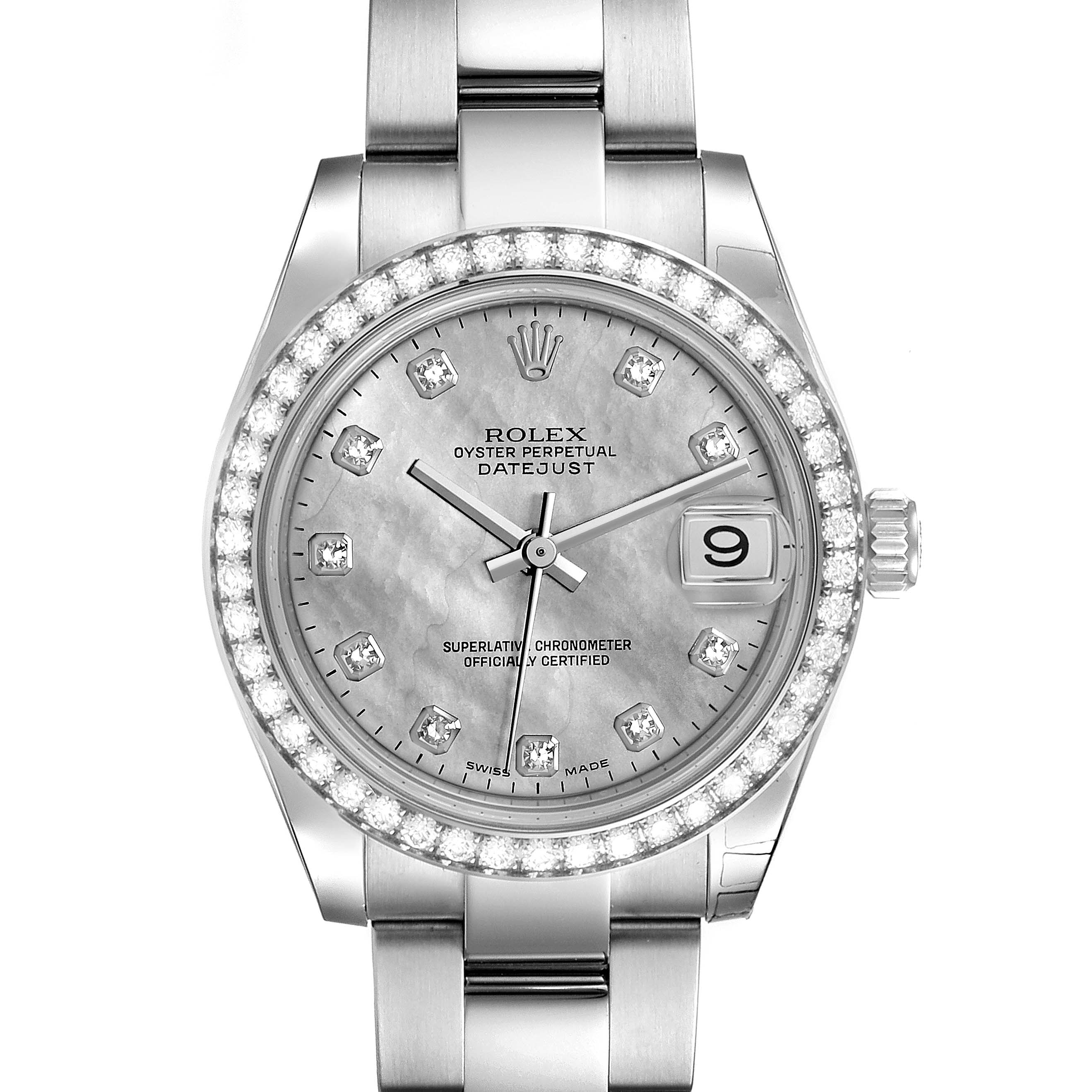 The Mid-Size Rolex Datejust watch is shown from a front angle, featuring its face, bezel, and part of the bracelet.