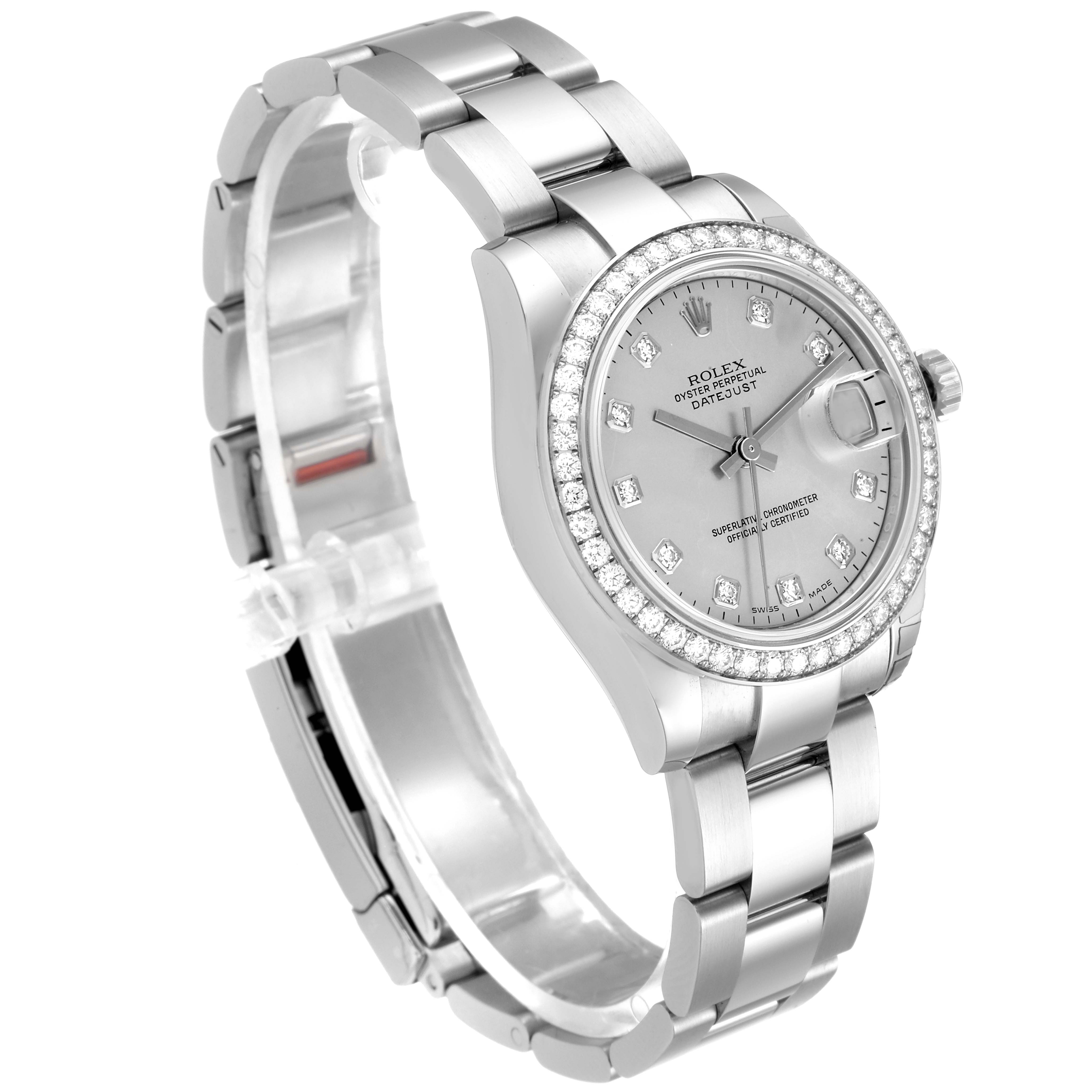 The image shows a Rolex Mid-Size 178384 Women
s Stainless Steel Mother of Pearl Dial 178384 Women
s Stainless Steel Mother of Pearl Dial model watch at a three-quarter angle, highlighting the face, dial details, and bracelet.