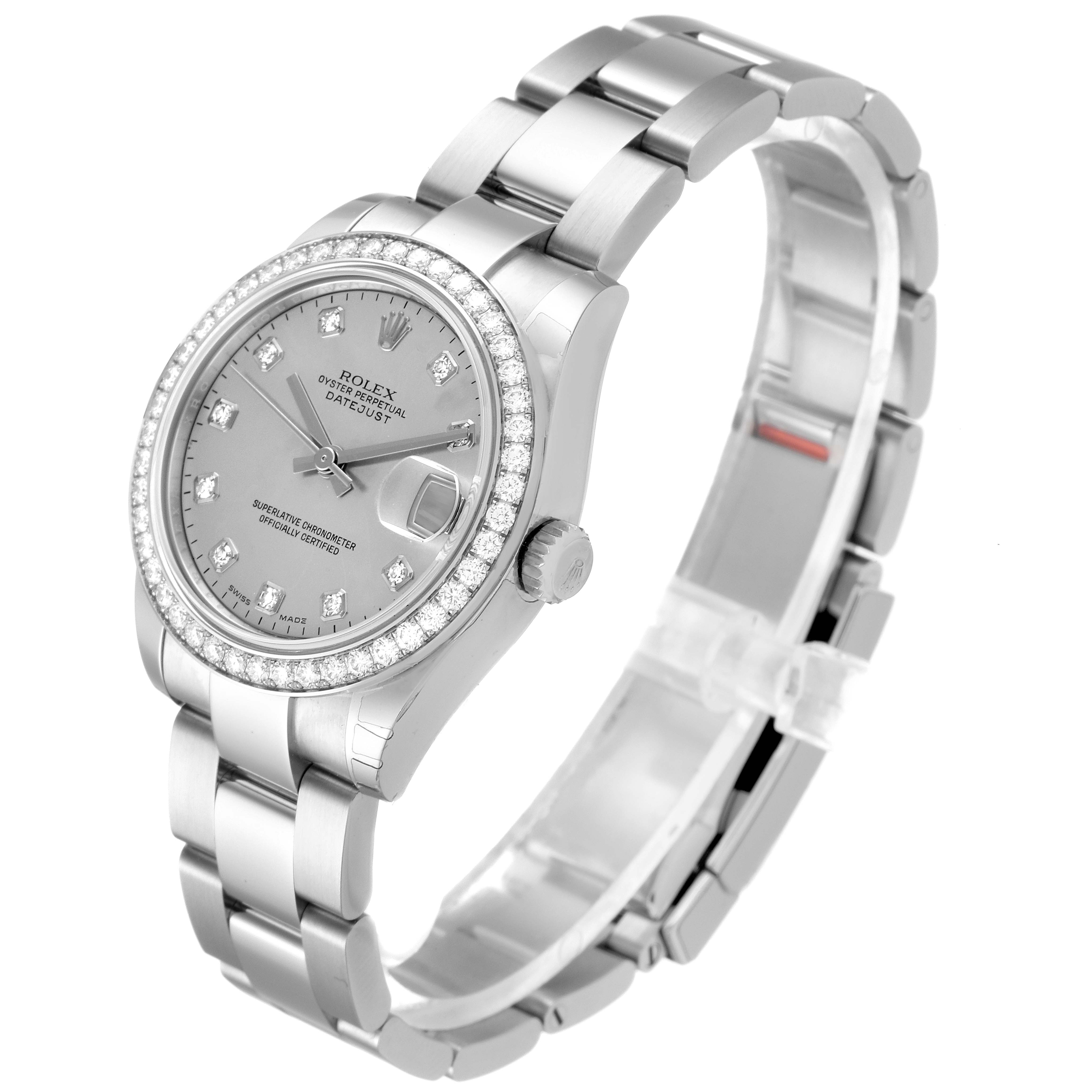 The image shows a Rolex Mid-Size 178384 Women
s Stainless Steel Mother of Pearl Dial 178384 Women
s Stainless Steel Mother of Pearl Dial Oyster Perpetual Datejust watch from an angled top view, highlighting its face, bezel, and bracelet.
