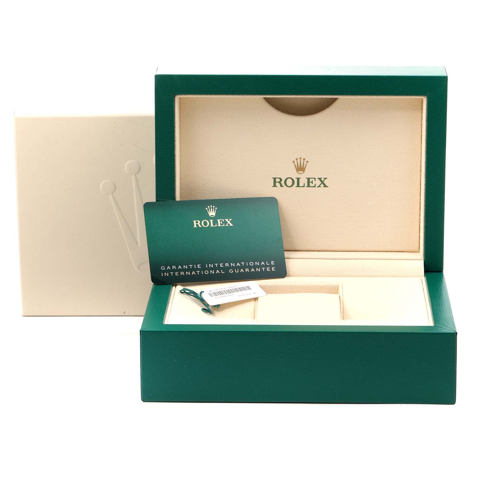 The image shows the Rolex Mid-Size 178384 Women
s Stainless Steel Mother of Pearl Dial 178384 Women
s Stainless Steel Mother of Pearl Dial watch box, international guarantee card, and tags from a front angle.