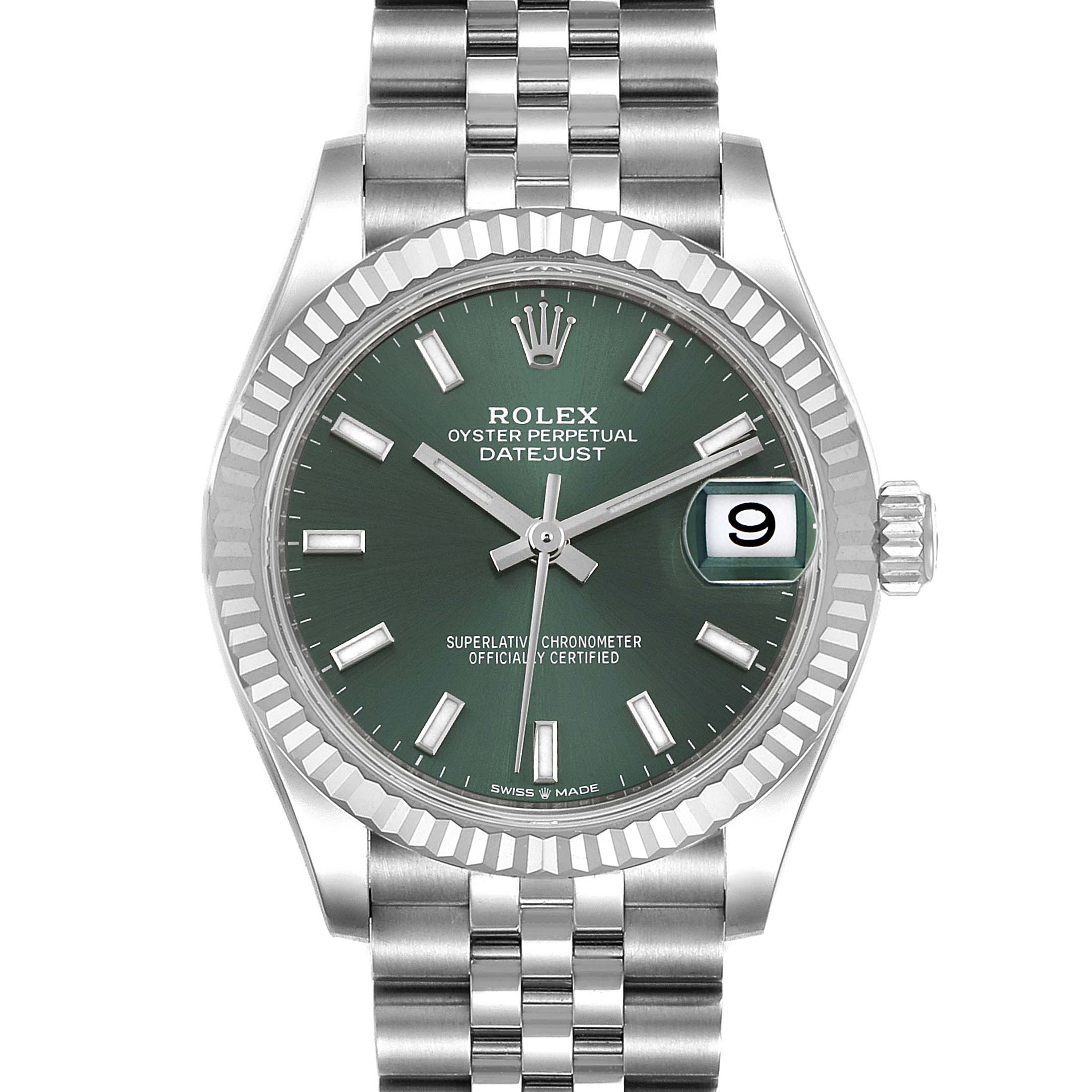 The image shows a front view of a Rolex Oyster Perpetual Datejust Mid-Size watch, highlighting the dial, bezel, and bracelet.