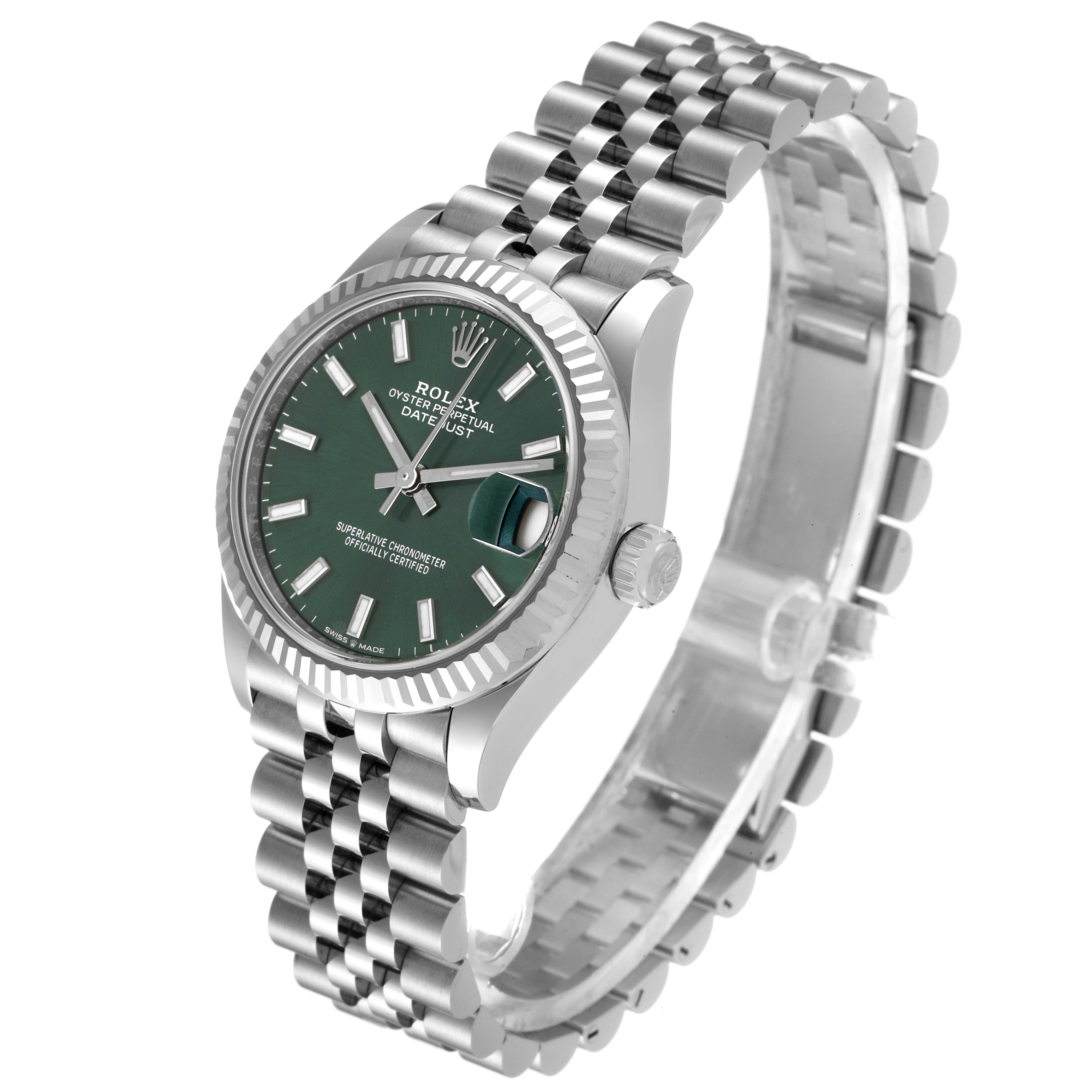 The Rolex Mid-Size 278274 Women's Stainless Steel Green Dial 278274 Women's Stainless Steel Green Dial Datejust watch is shown at an angled side view, revealing the dial, case, and bracelet design.