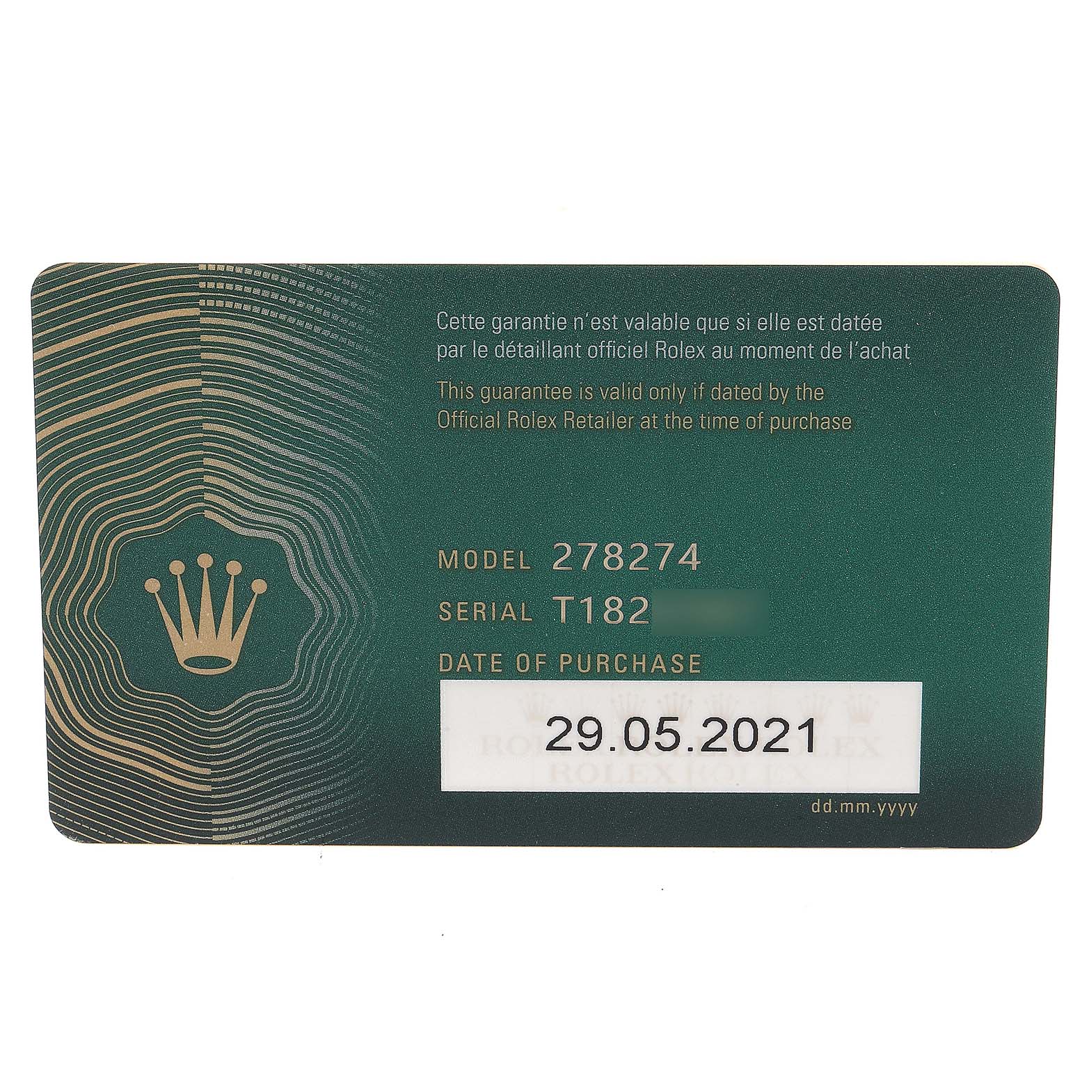 The image shows a warranty card for a Rolex Mid-Size 278274 Women's Stainless Steel Green Dial 278274 Women's Stainless Steel Green Dial model 278274.