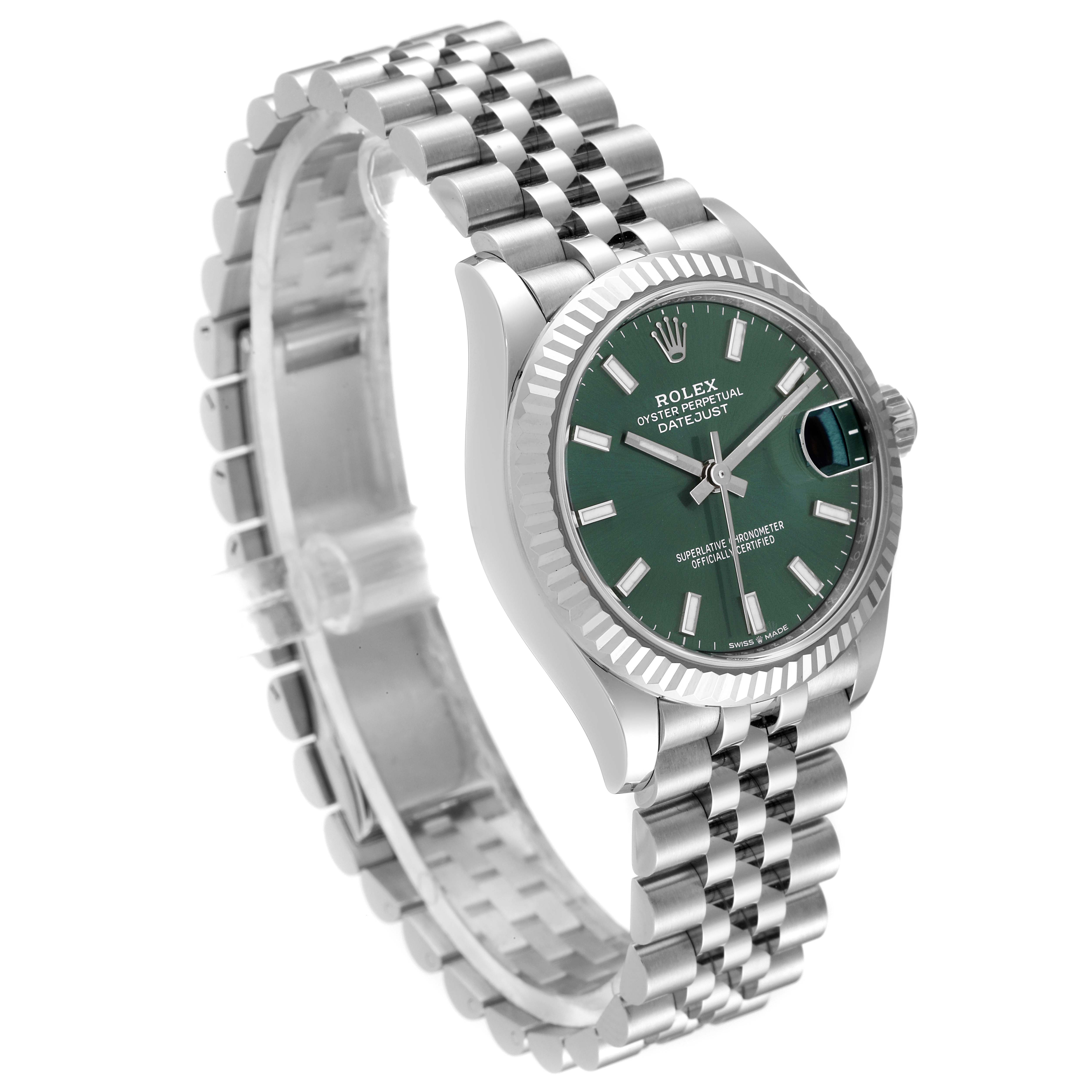 The Rolex Mid-Size 278274 Women's Stainless Steel Green Dial 278274 Women's Stainless Steel Green Dial watch is shown from an angled side view, highlighting the green dial, fluted bezel, and jubilee bracelet.