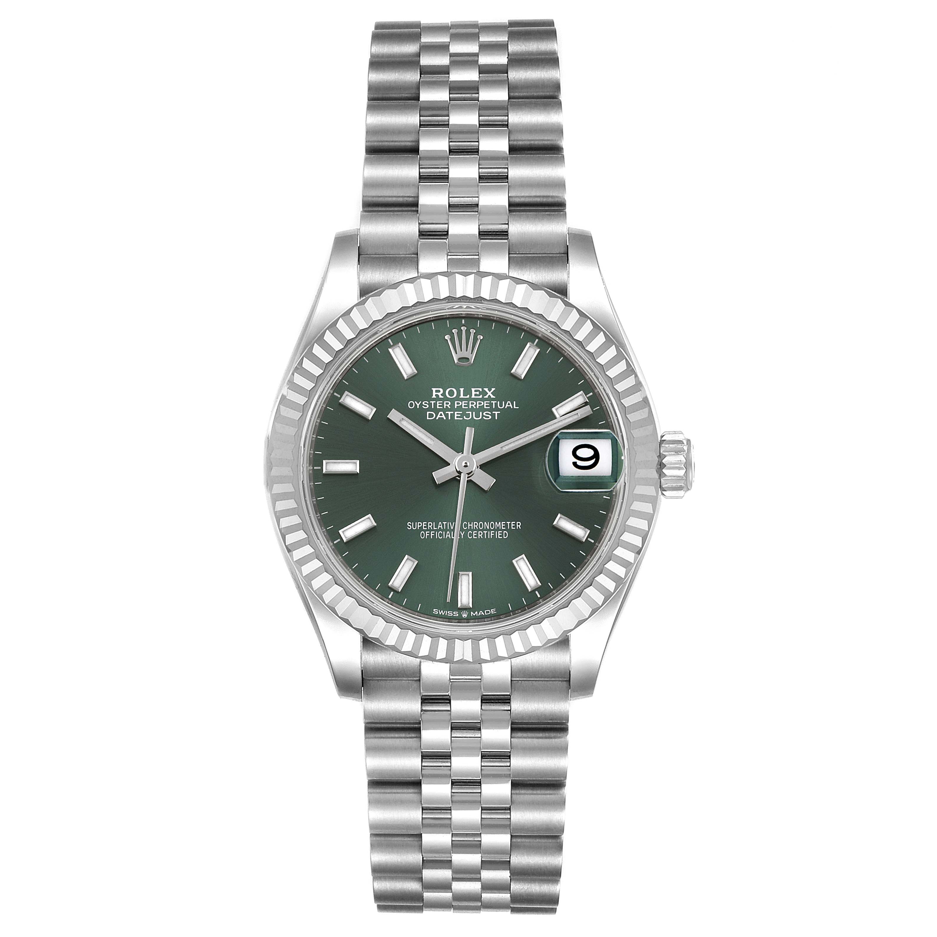 The Rolex Mid-Size 278274 Women's Stainless Steel Green Dial 278274 Women's Stainless Steel Green Dial model is shown from a front view, highlighting the green dial, date window, and Jubilee bracelet.