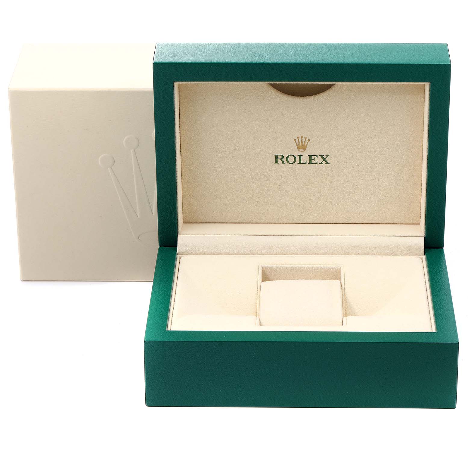The image shows an open green and cream-colored Rolex box for a Mid-Size model watch, with the inside compartment visible.