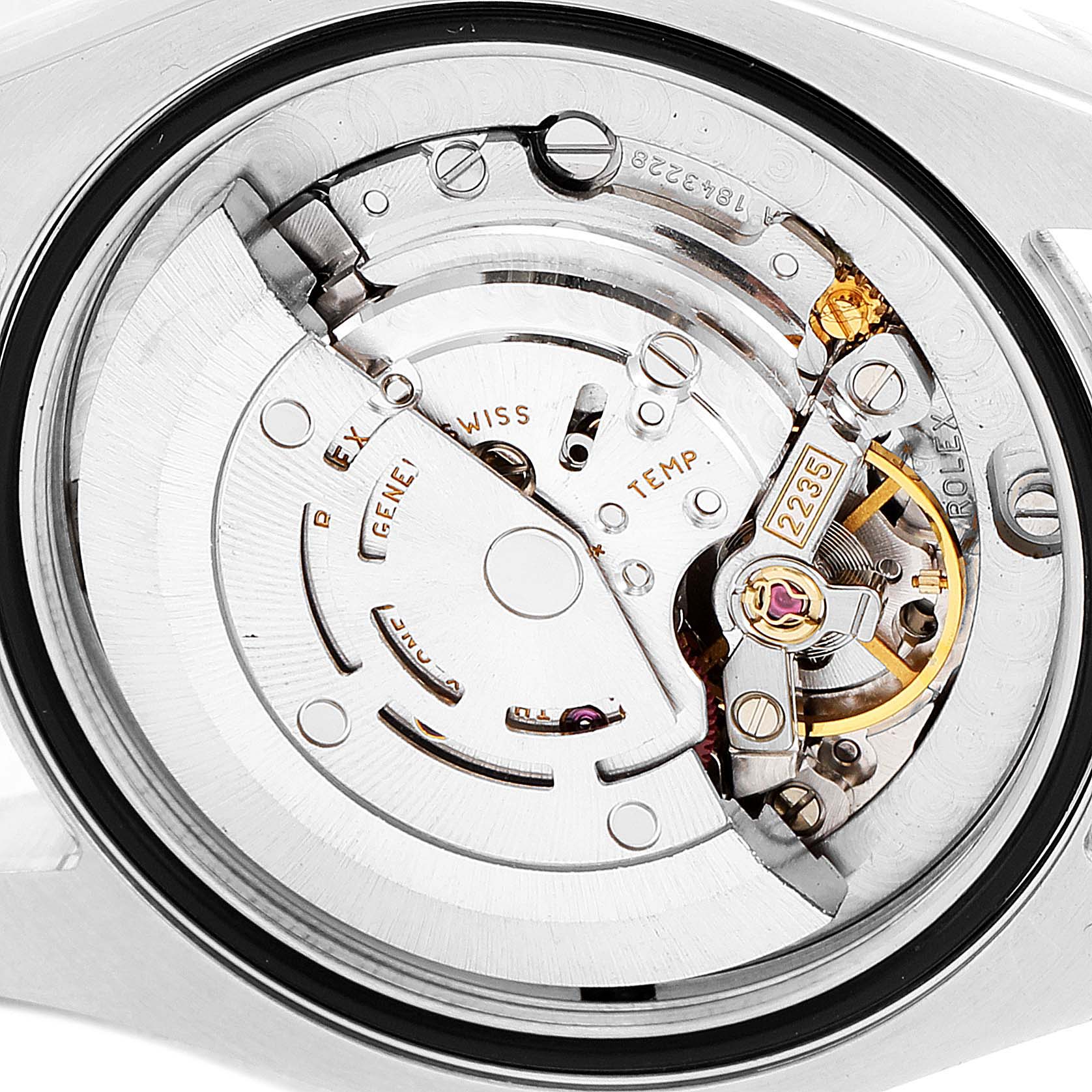 The image shows the intricate movement and inner mechanism of a Rolex Mid-Size 178313 Women's Steel and Gold (two tone) Mother of Pearl Dial 178313 Women's Steel and Gold (two tone) Mother of Pearl Dial watch from a rear angle.
