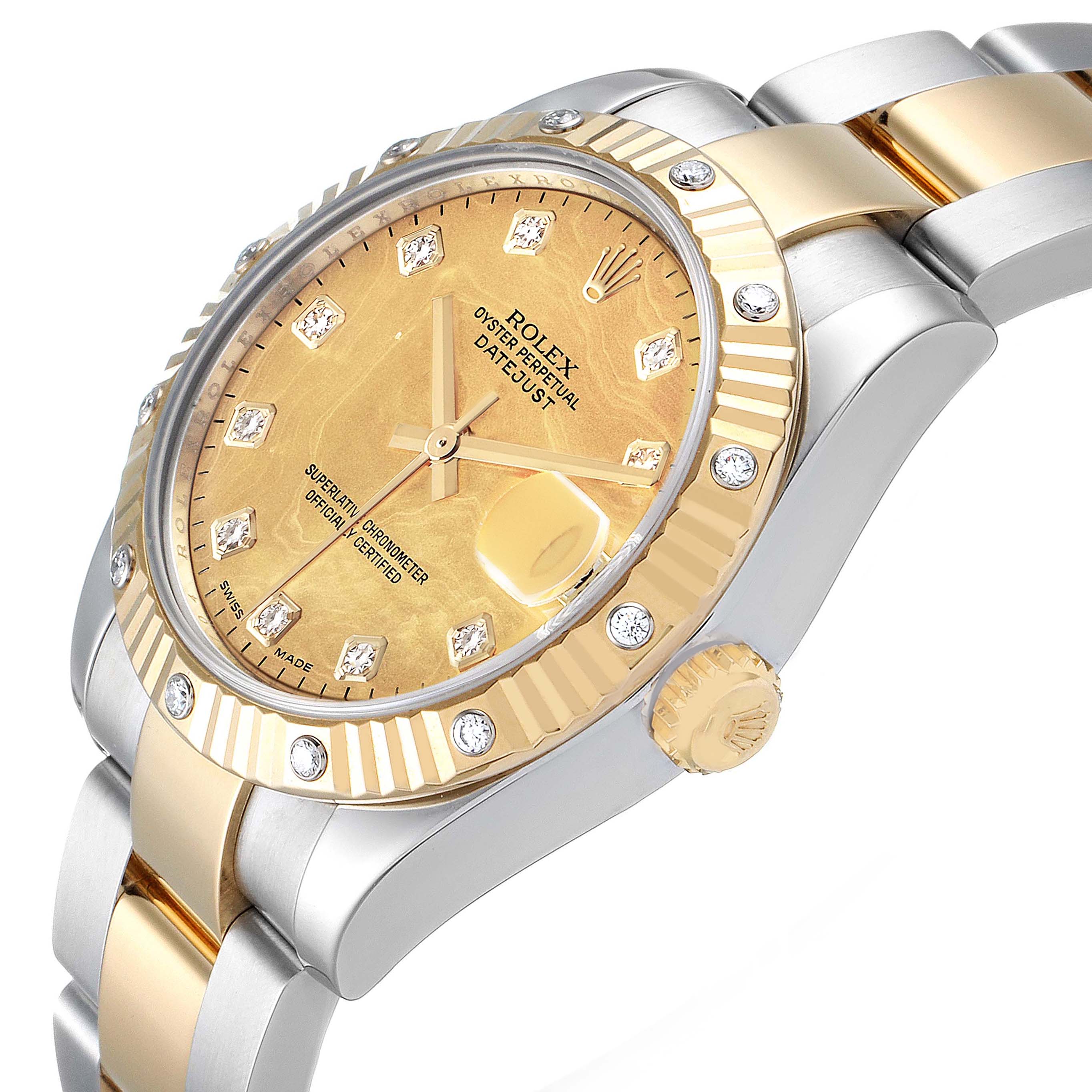 The image shows a close-up side angle of the Rolex Datejust Mid-Size watch, featuring a gold dial, diamond hour markers, and a two-tone bracelet.