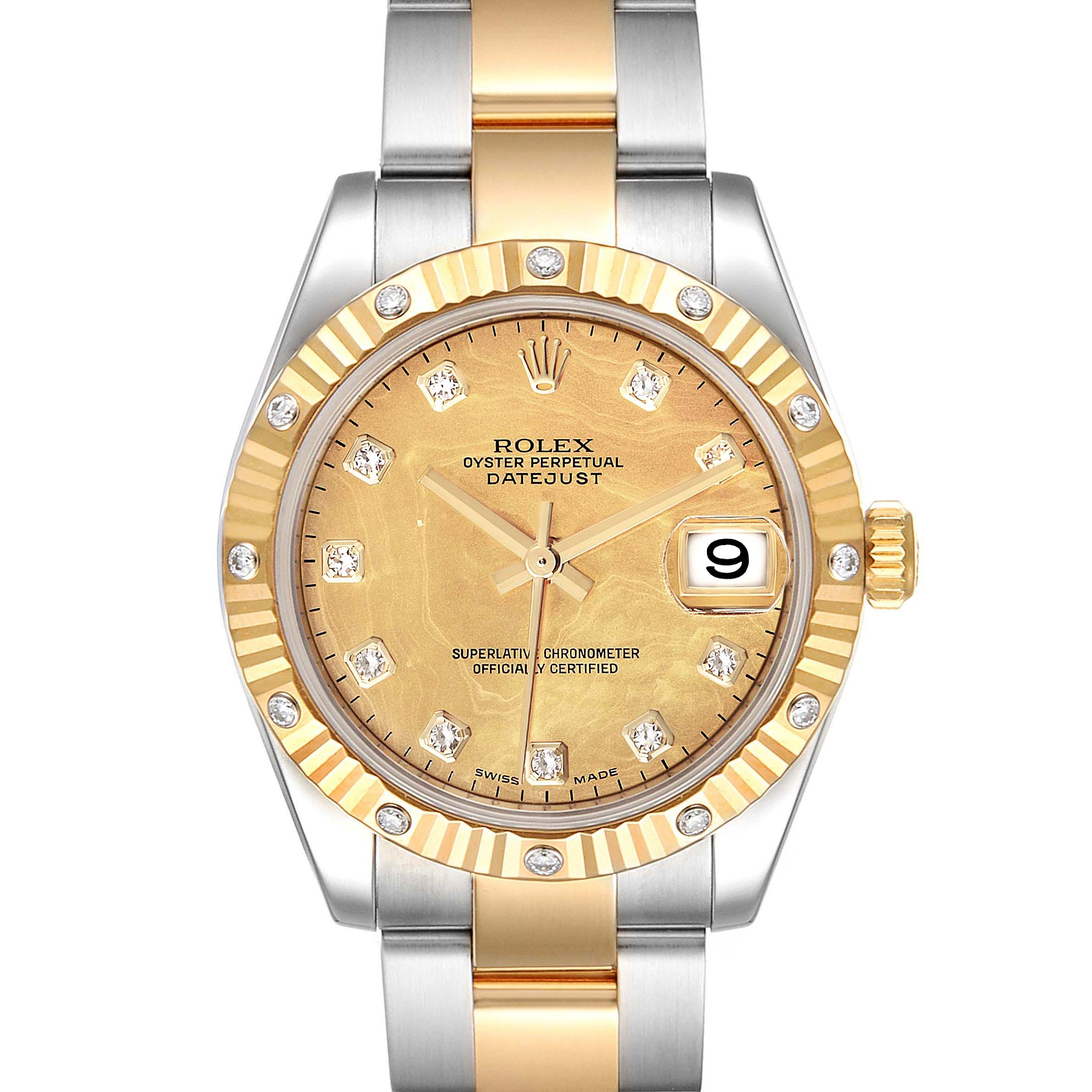 The image shows a front view of a Mid-Size Rolex Datejust with gold and silver bracelet, diamond markers, and date display at 3 o'clock.