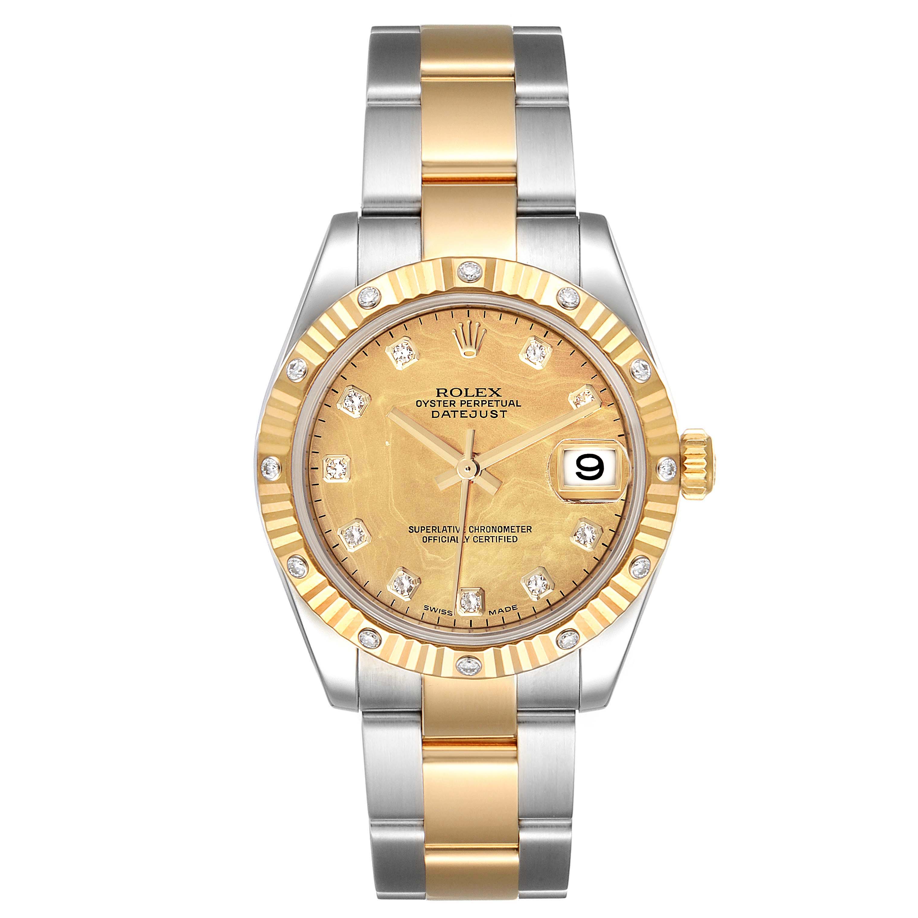 This Rolex Mid-Size 178313 Women's Steel and Gold (two tone) Mother of Pearl Dial 178313 Women's Steel and Gold (two tone) Mother of Pearl Dial Datejust watch is shown from a front angle, highlighting its gold bezel, dial, and two-tone bracelet.