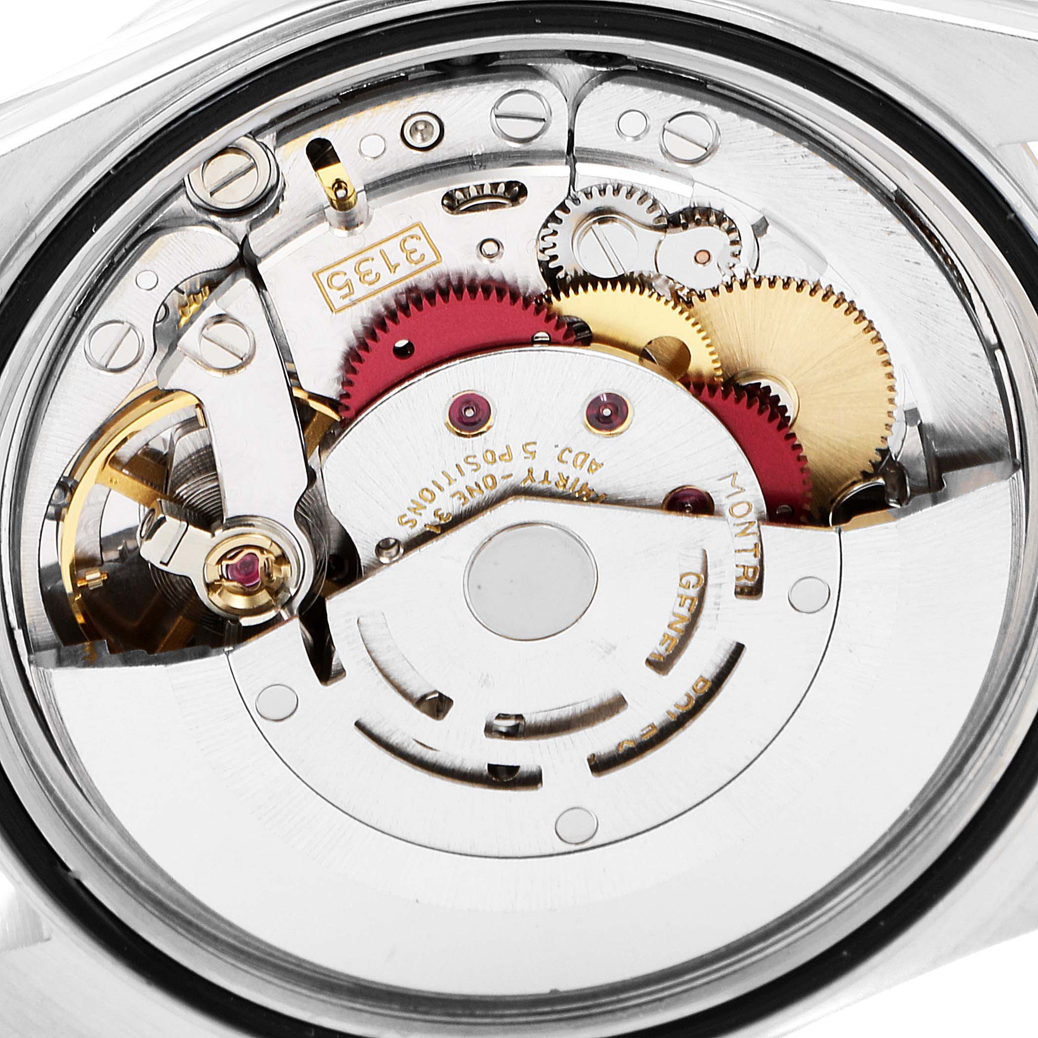 This is an internal view of the Rolex Datejust 16233 Men
s Steel and Gold (two tone) Grey Dial 16233 Men
s Steel and Gold (two tone) Grey Dial showing the intricate mechanical movement and gears.