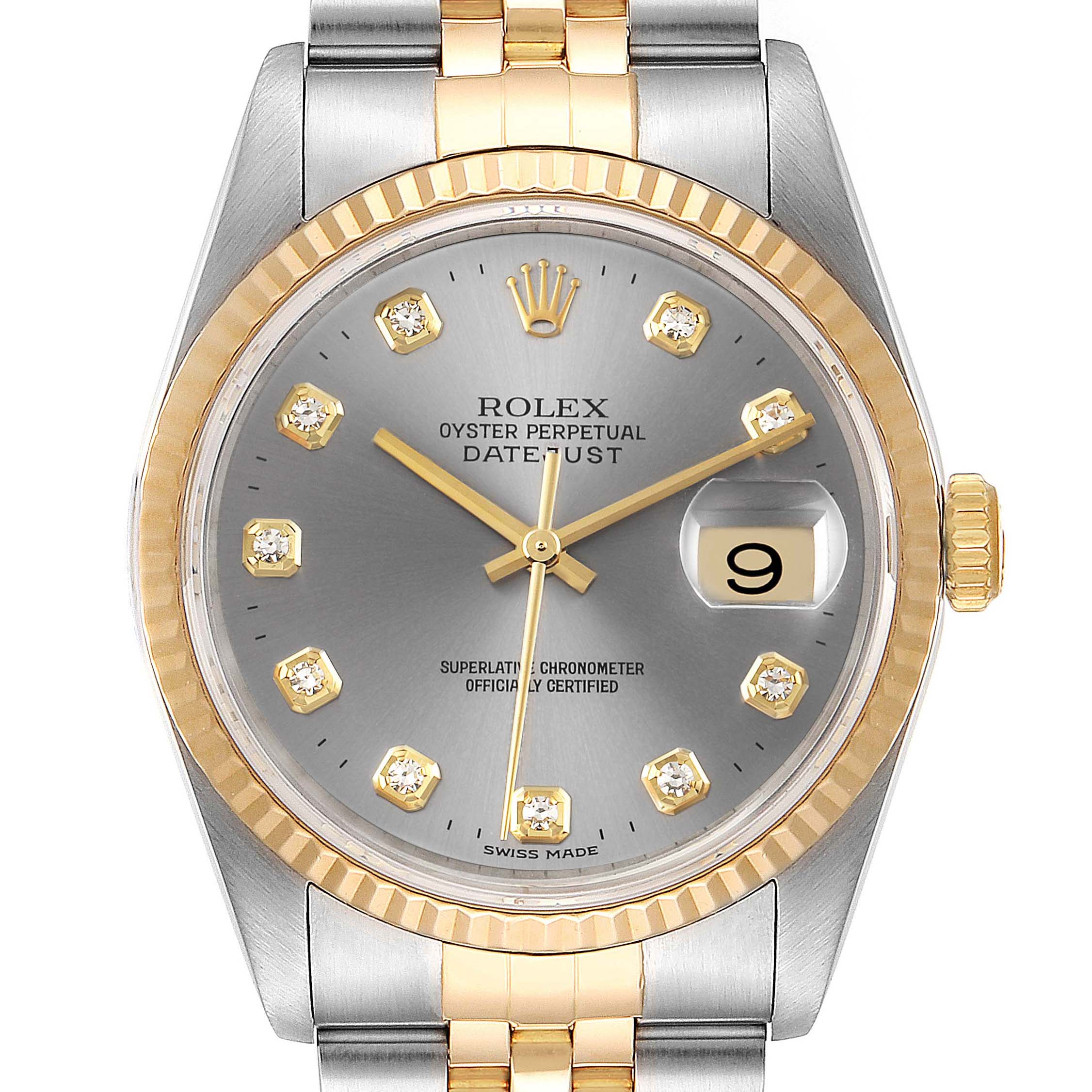 This image shows a front view of a Rolex Datejust 16233 Men
s Steel and Gold (two tone) Grey Dial 16233 Men
s Steel and Gold (two tone) Grey Dial watch featuring a silver dial, gold fluted bezel, and diamond hour markers.