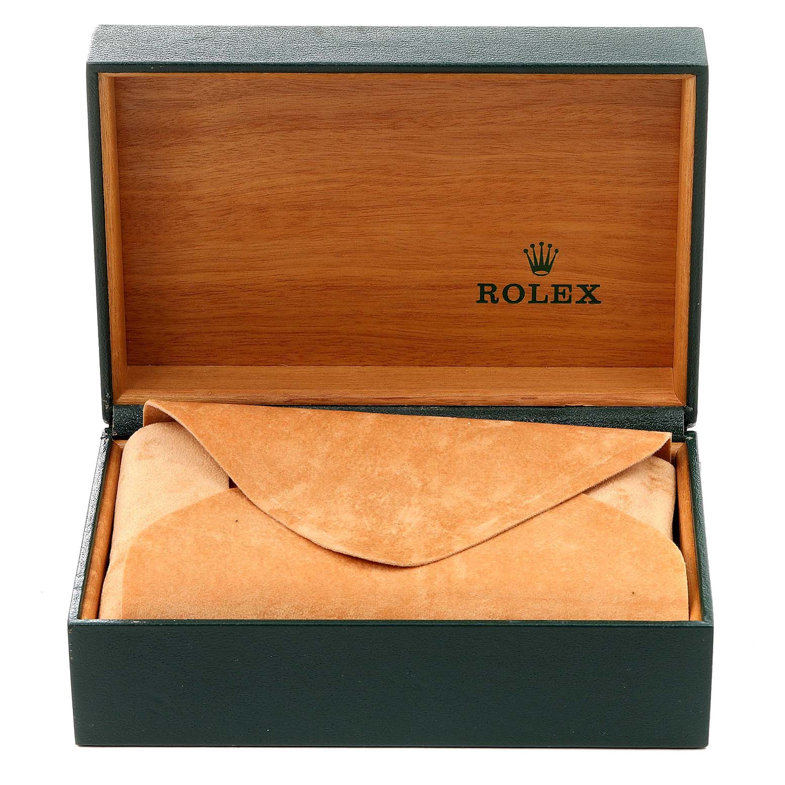 The image shows an open Rolex watch box with a suede pouch, likely containing the Datejust model watch inside.