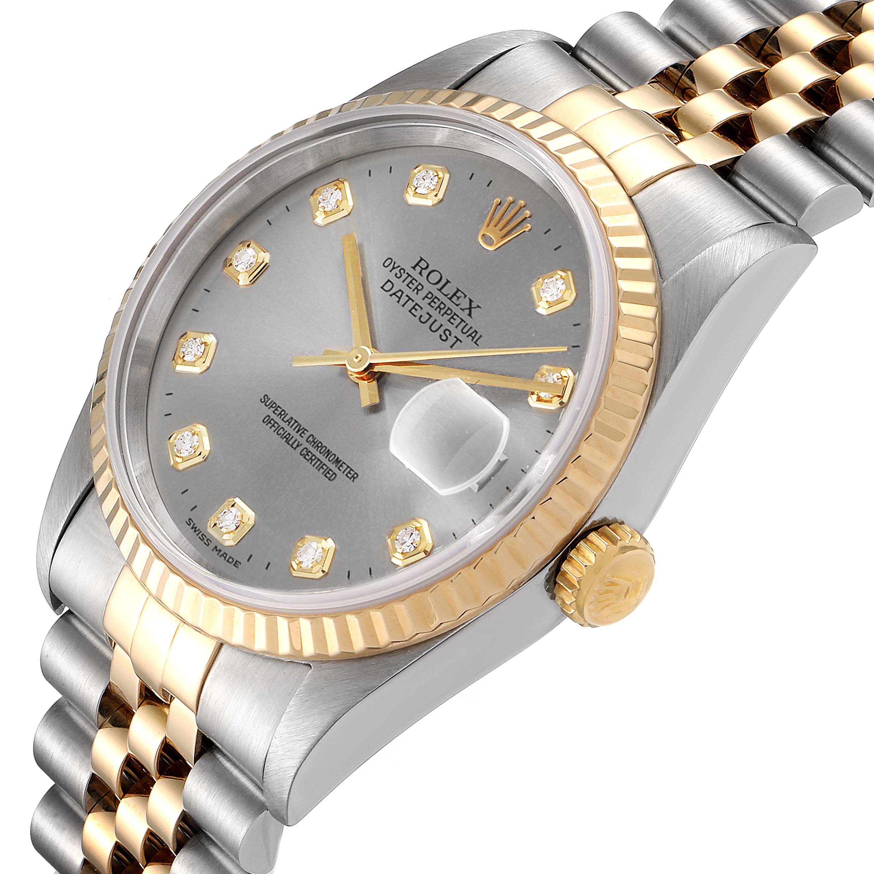 The angled view showcases the dial, bezel, crown, and part of the bracelet of the Rolex Datejust 16233 Men
s Steel and Gold (two tone) Grey Dial 16233 Men
s Steel and Gold (two tone) Grey Dial watch.