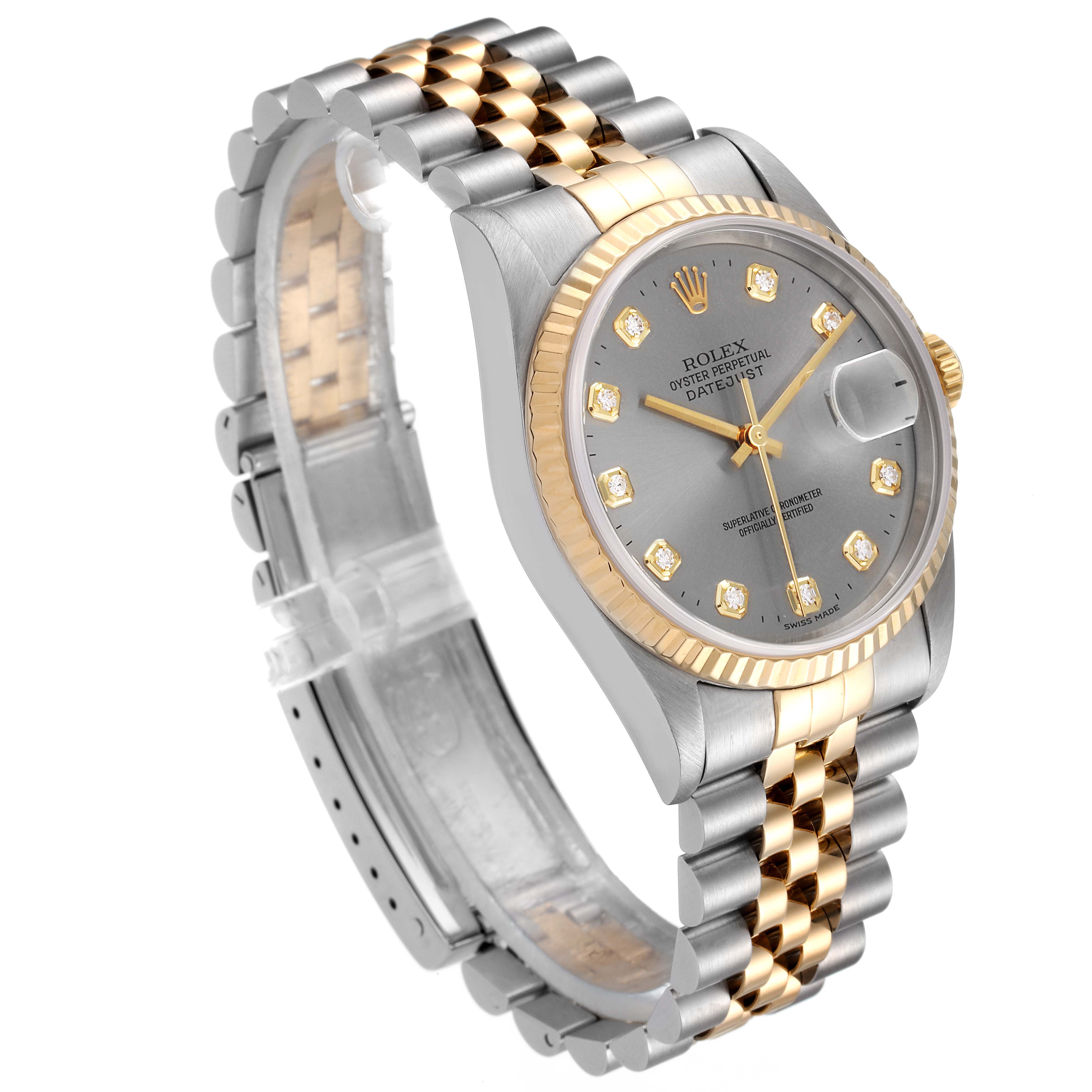 This image shows the Rolex Datejust 16233 Men
s Steel and Gold (two tone) Grey Dial 16233 Men
s Steel and Gold (two tone) Grey Dial watch at a three-quarter angle, highlighting the dial, bezel, crown, and Jubilee bracelet.