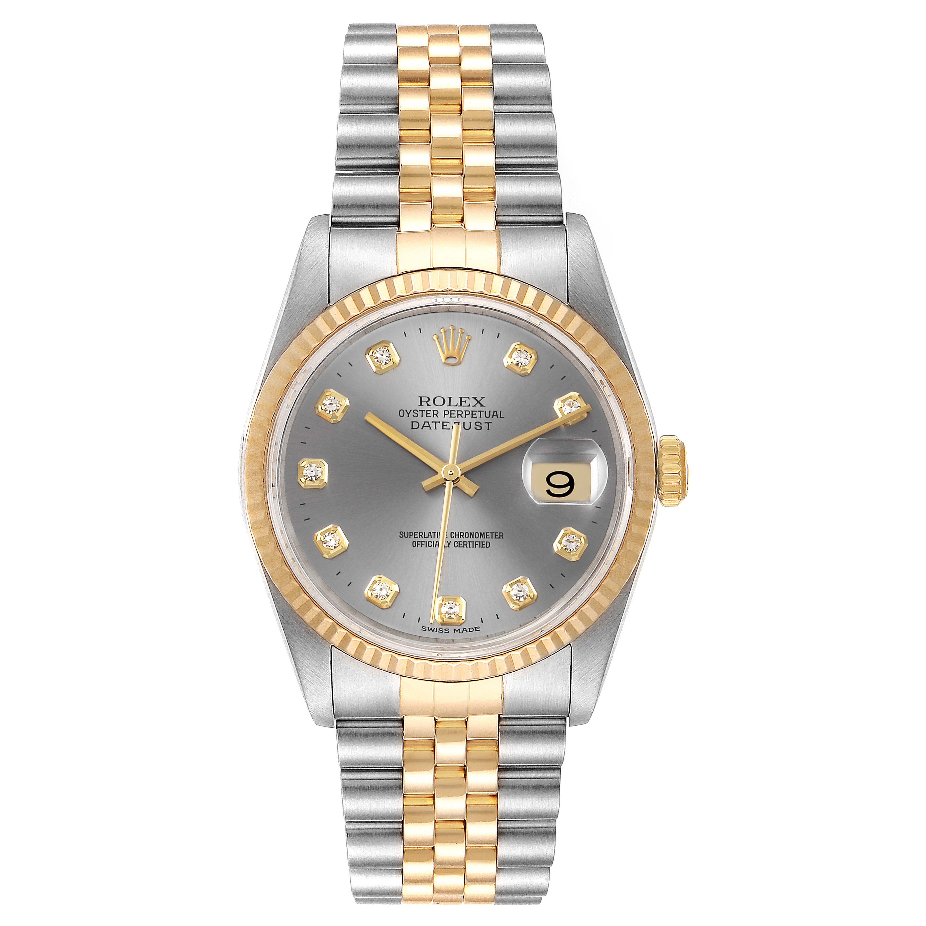 The Rolex Datejust 16233 Men
s Steel and Gold (two tone) Grey Dial 16233 Men
s Steel and Gold (two tone) Grey Dial watch is shown from a front view, displaying its face, bezel, and Jubilee bracelet.