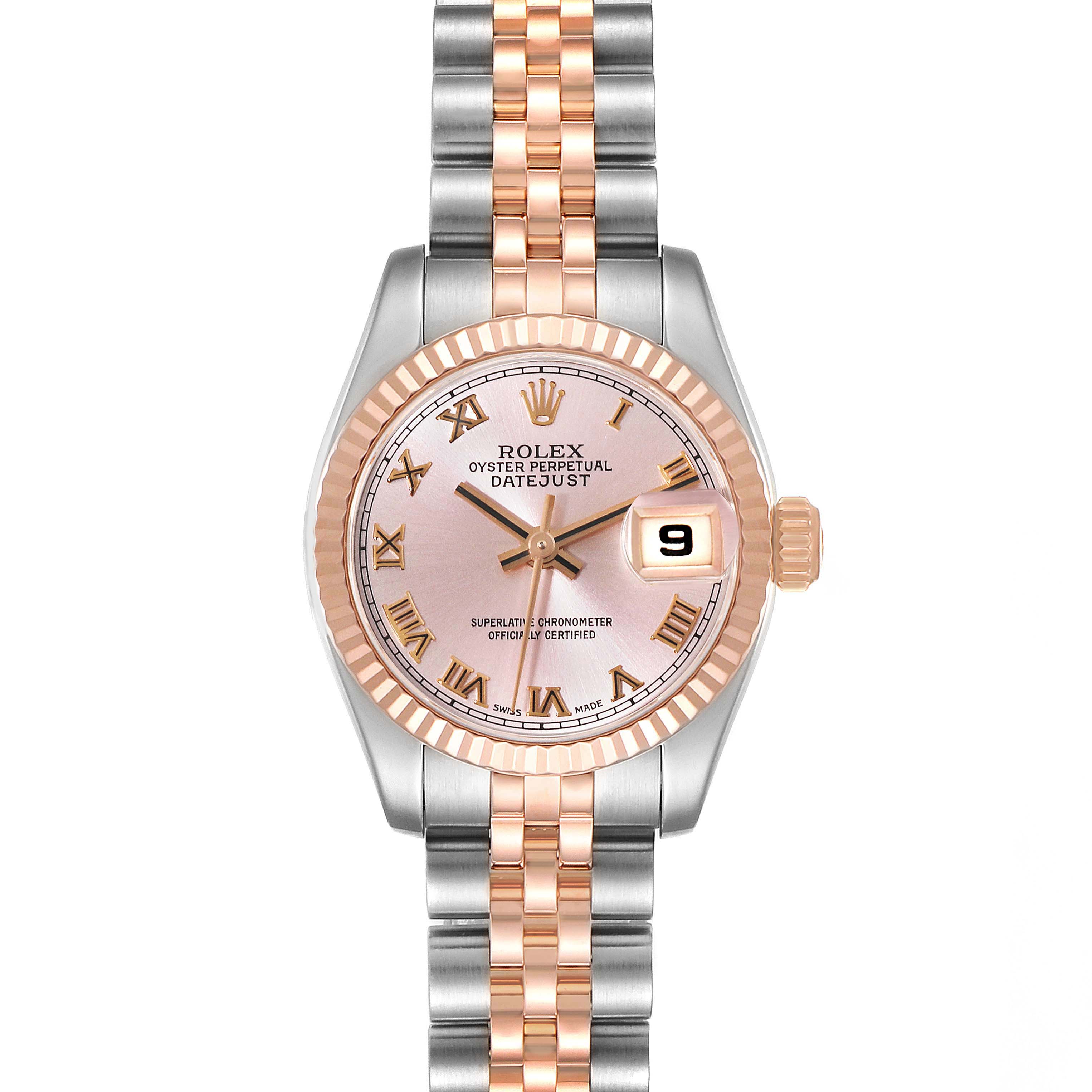 This image shows a front view of the Rolex Datejust 179171 Women's Steel and Gold (two tone) Pink Dial 179171 Women's Steel and Gold (two tone) Pink Dial watch, highlighting the dial, hands, bezel, and bracelet.