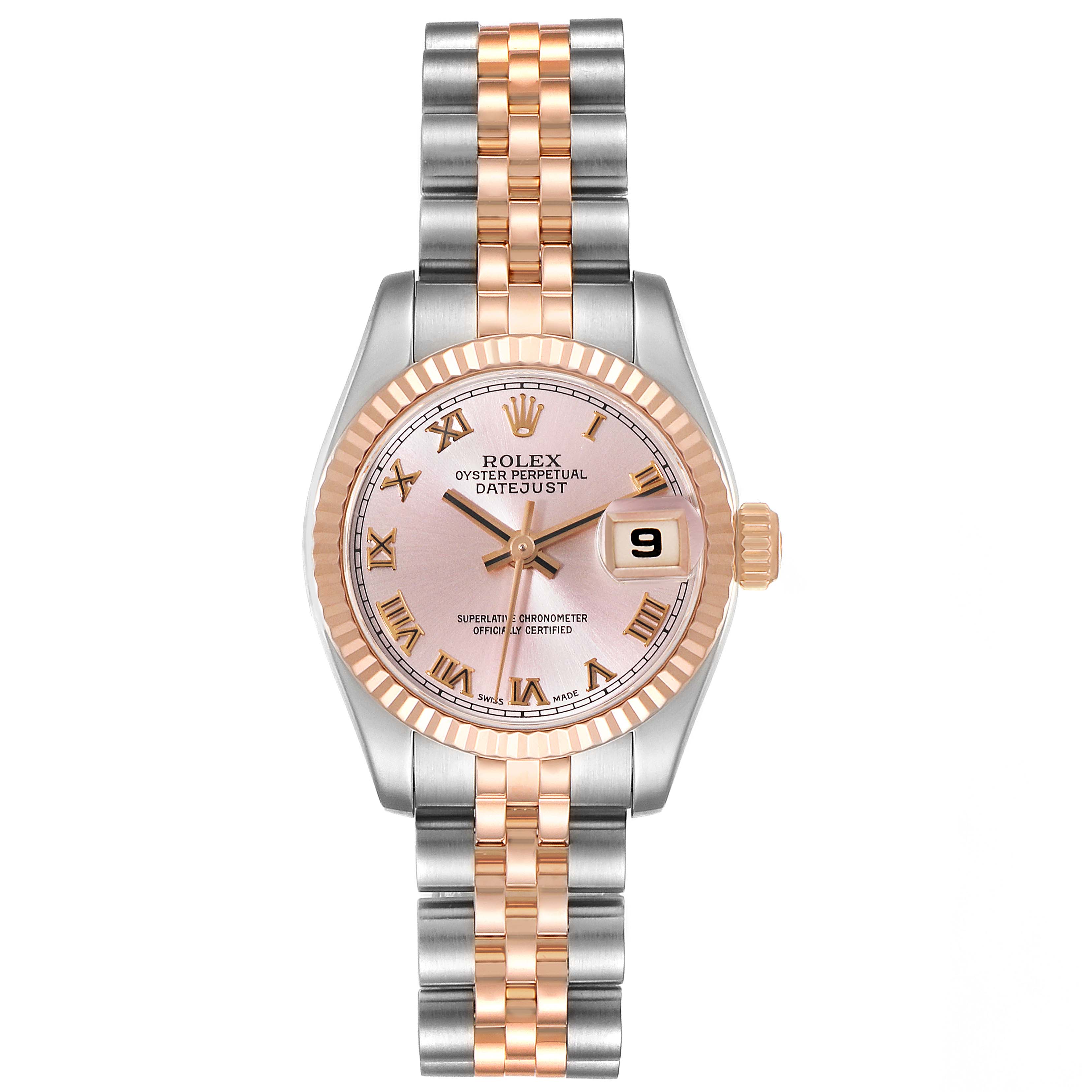 The Rolex Datejust 179171 Women's Steel and Gold (two tone) Pink Dial 179171 Women's Steel and Gold (two tone) Pink Dial watch is shown from a top-down angle displaying its dial, bezel, and jubilee bracelet.