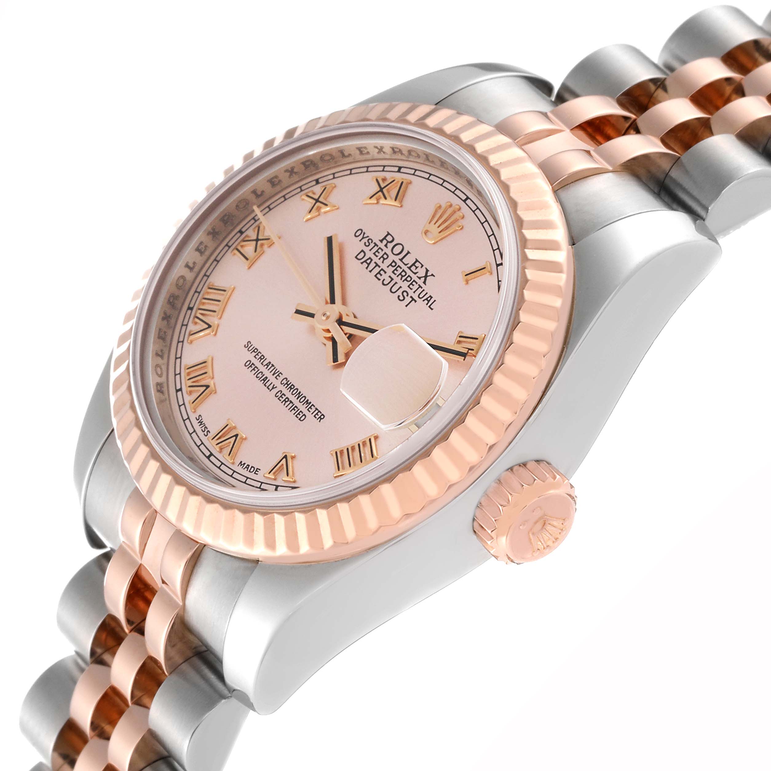 The image shows an angled side view of the Rolex Datejust 179171 Women's Steel and Gold (two tone) Pink Dial 179171 Women's Steel and Gold (two tone) Pink Dial watch, highlighting its dial, bezel, crown, and bracelet.