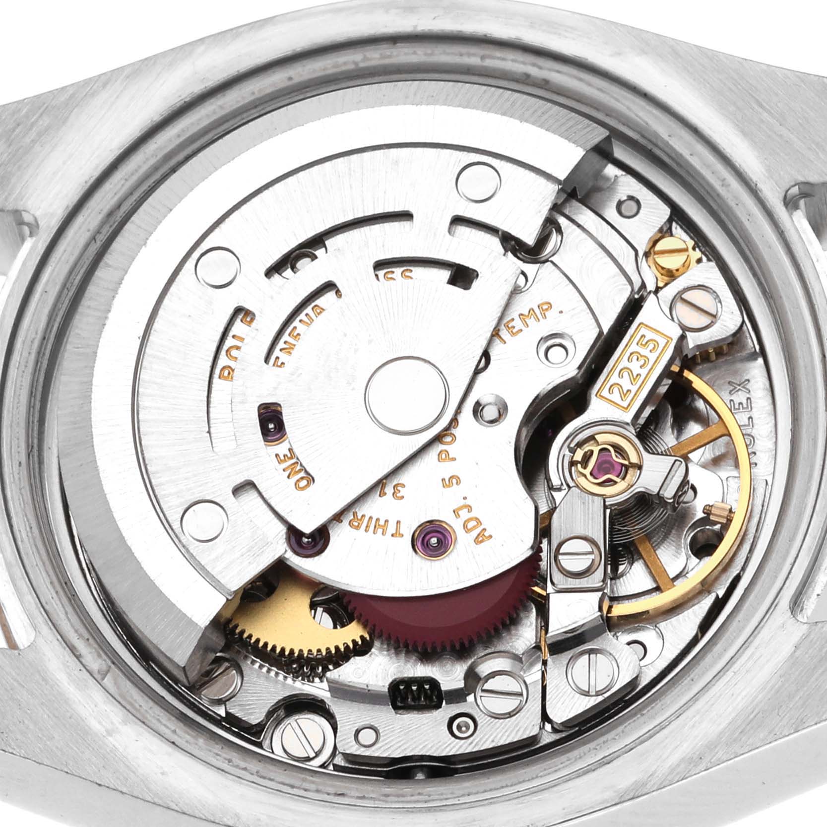 This image shows the Rolex Datejust 179171 Women's Steel and Gold (two tone) Pink Dial 179171 Women's Steel and Gold (two tone) Pink Dial watch movement from a close-up, rear angle, highlighting its internal mechanism.