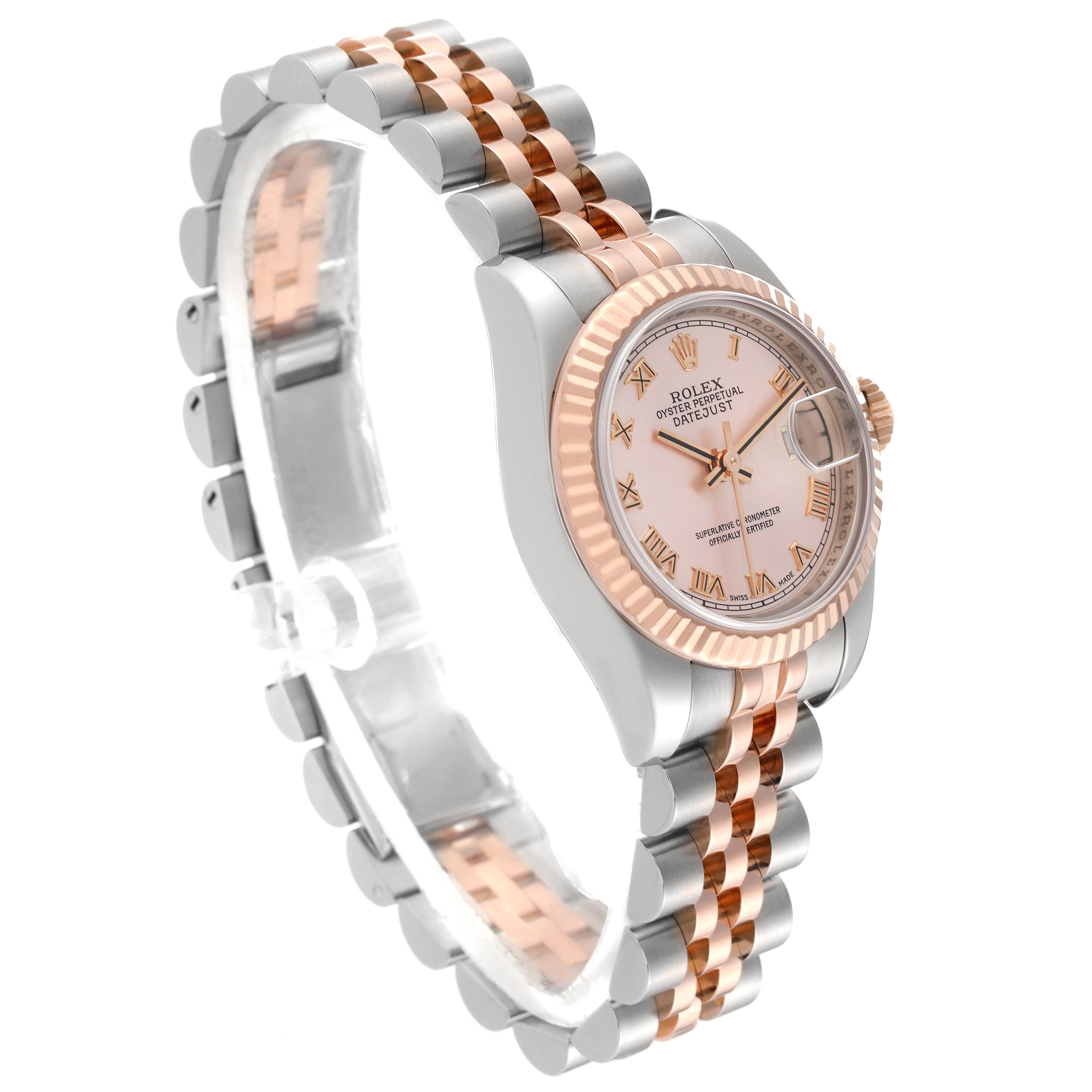 This image shows a side and slight frontal view of a Rolex Datejust 179171 Women's Steel and Gold (two tone) Pink Dial 179171 Women's Steel and Gold (two tone) Pink Dial, highlighting its two-tone bracelet, case, and fluted bezel.