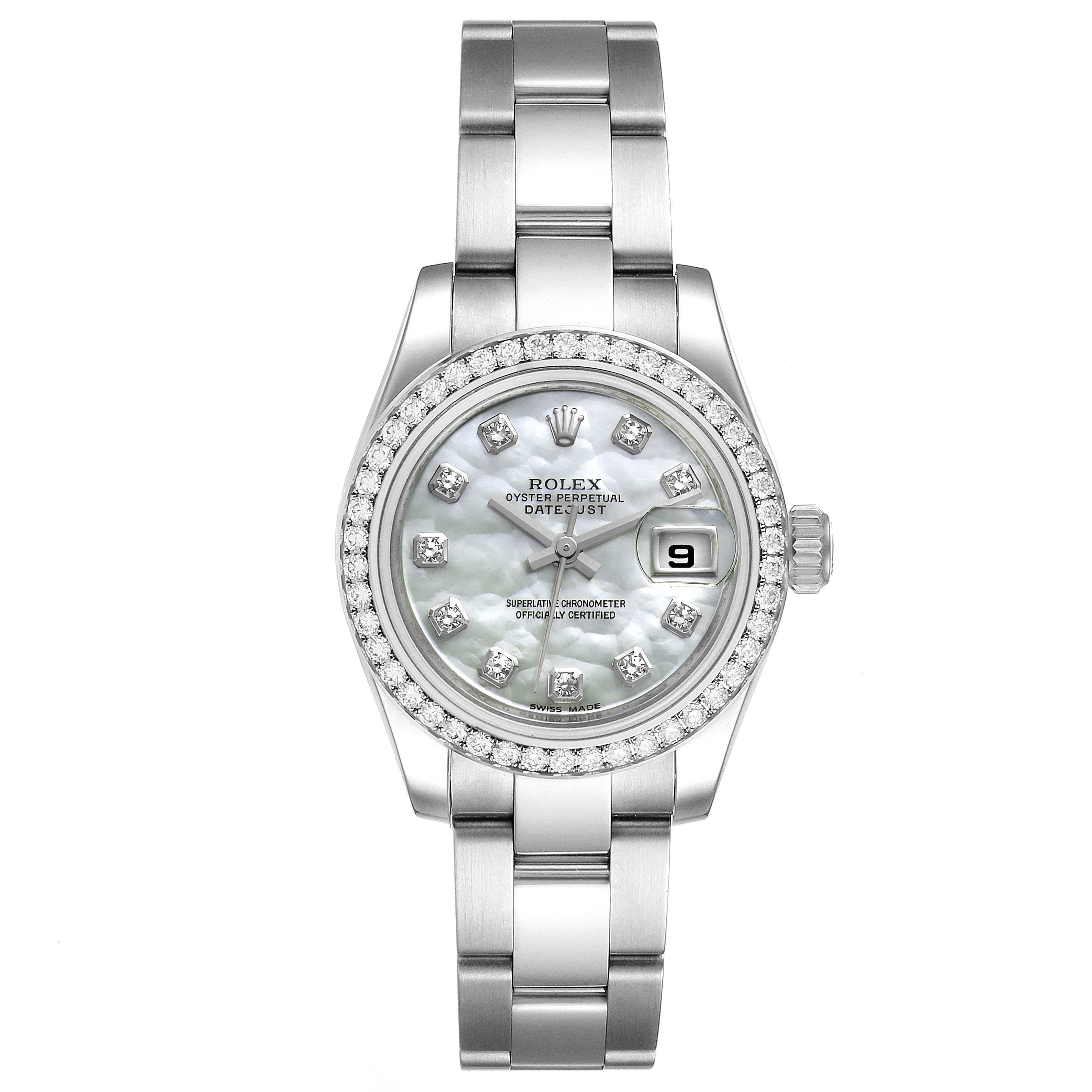 This image shows a front view of the Rolex Datejust 179384 Women's Stainless Steel Mother of Pearl Dial 179384 Women's Stainless Steel Mother of Pearl Dial watch featuring its face, bracelet, and bezel with date display.