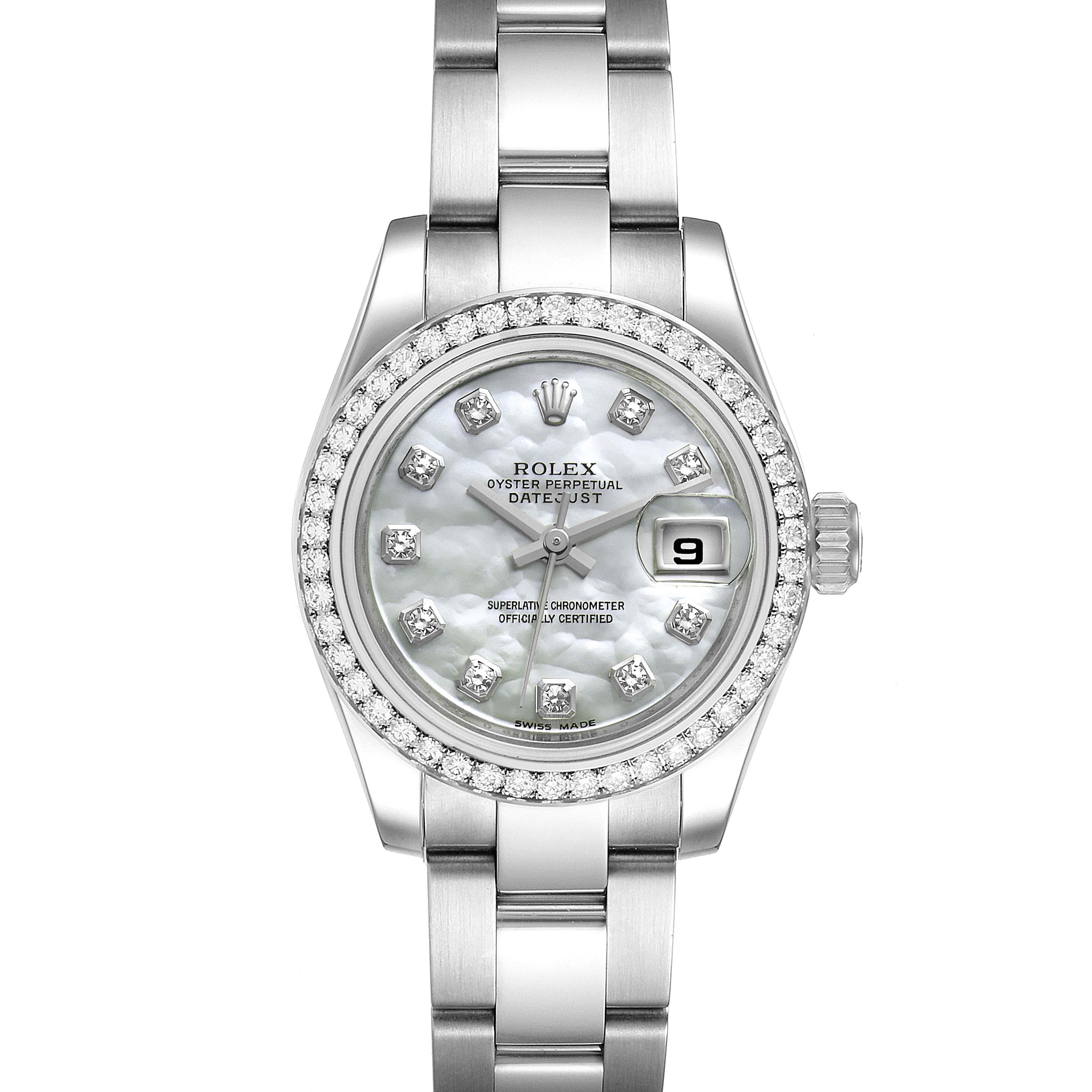 The image shows a front view of a Rolex Datejust 179384 Women's Stainless Steel Mother of Pearl Dial 179384 Women's Stainless Steel Mother of Pearl Dial watch, highlighting its face, bezel, and bracelet.