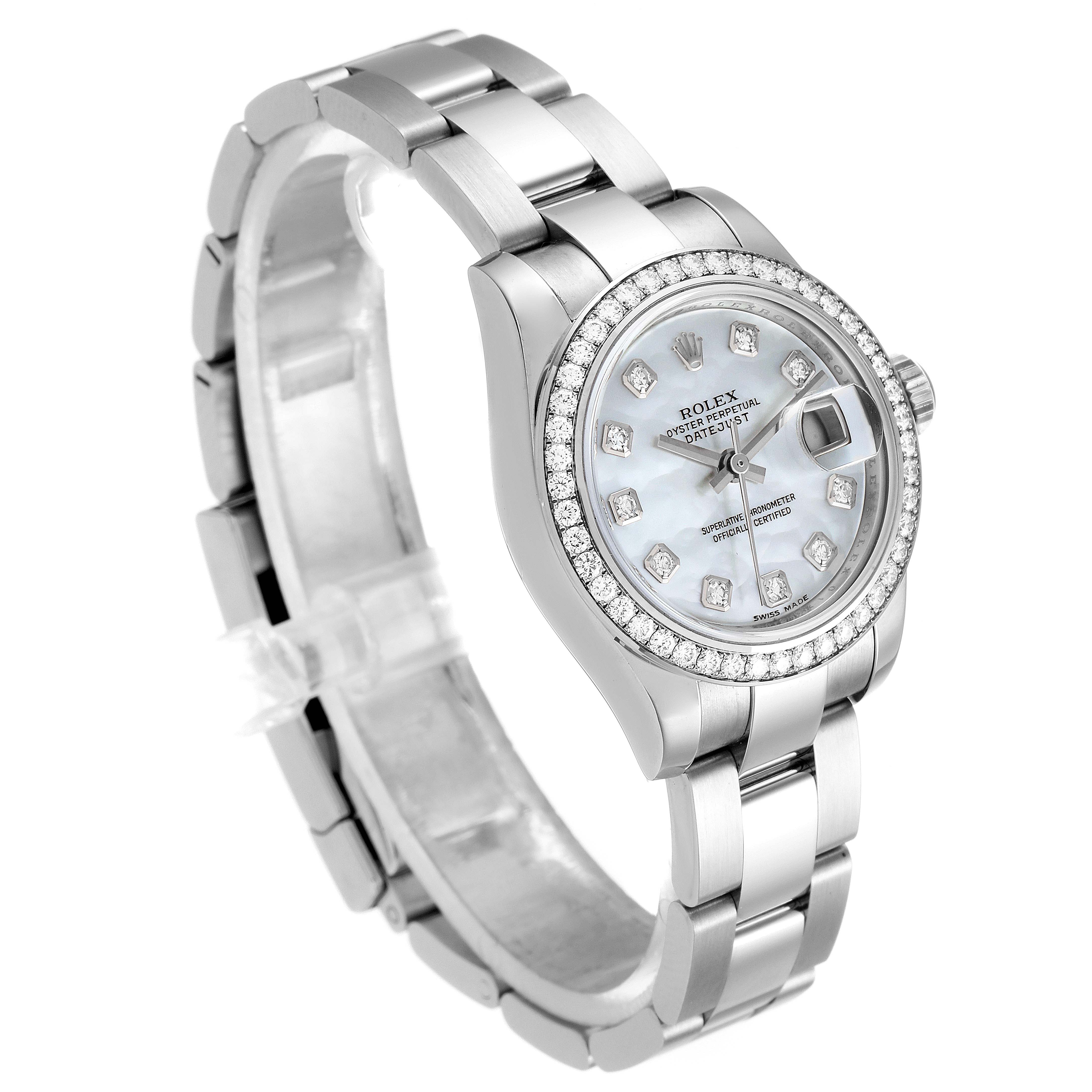 The image shows a Rolex Datejust 179384 Women's Stainless Steel Mother of Pearl Dial 179384 Women's Stainless Steel Mother of Pearl Dial watch at a slight angle, displaying the bezel, dial, crown, and bracelet.