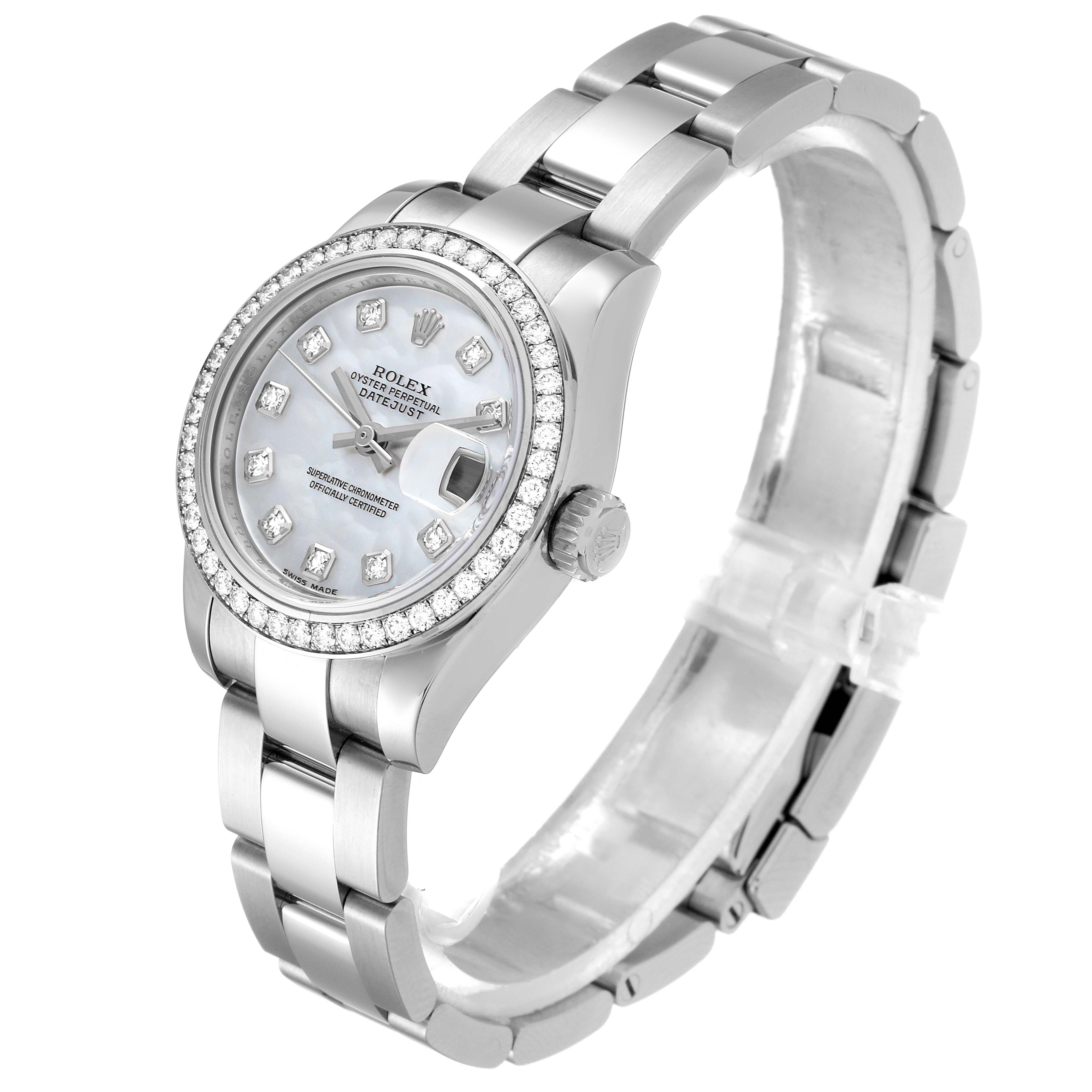 This image shows a side angle of a Rolex Datejust 179384 Women's Stainless Steel Mother of Pearl Dial 179384 Women's Stainless Steel Mother of Pearl Dial watch, highlighting the watch face, bezel, crown, and bracelet.