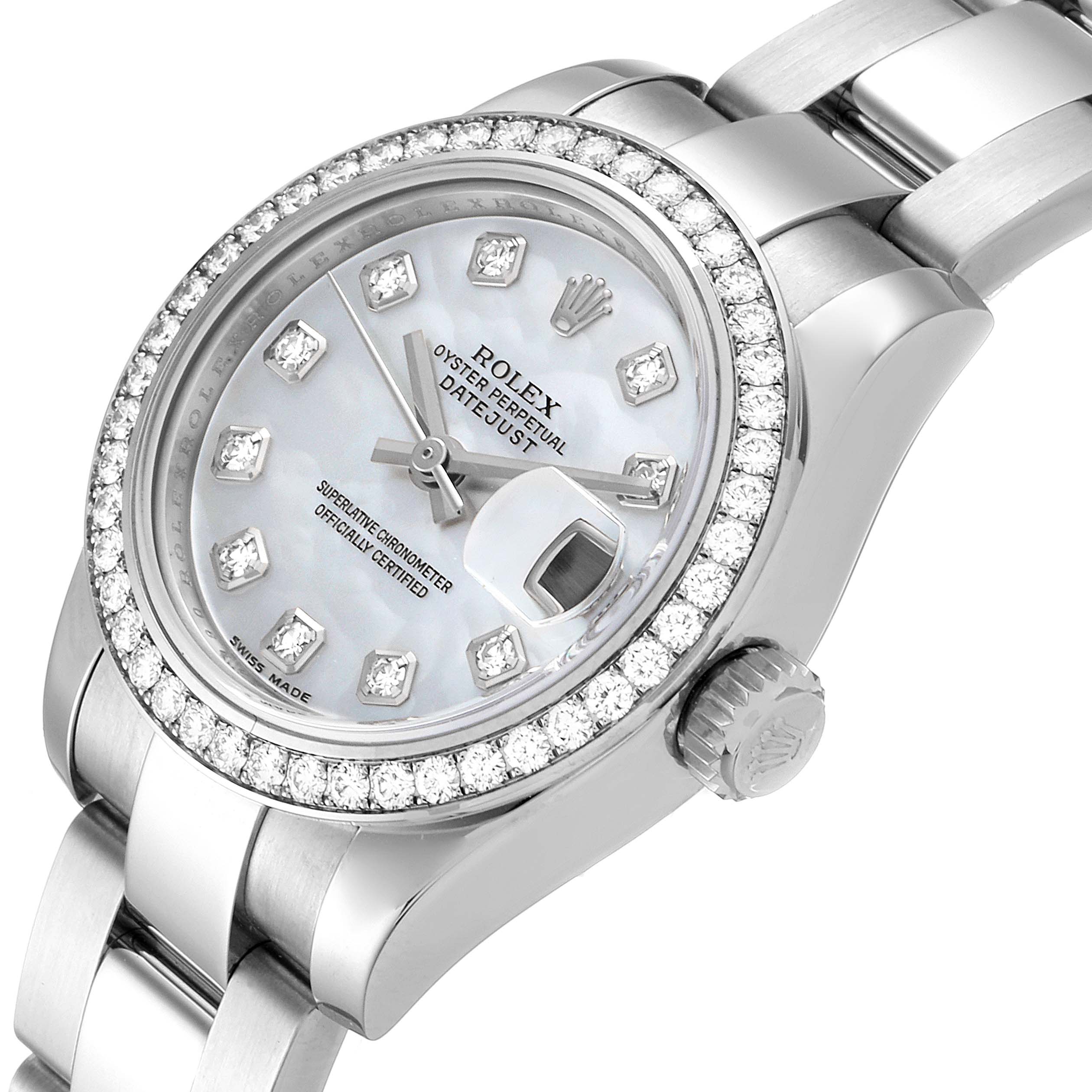 The image shows a close-up angle of the Rolex Datejust 179384 Women's Stainless Steel Mother of Pearl Dial 179384 Women's Stainless Steel Mother of Pearl Dial watch face, bezel, and part of the bracelet.