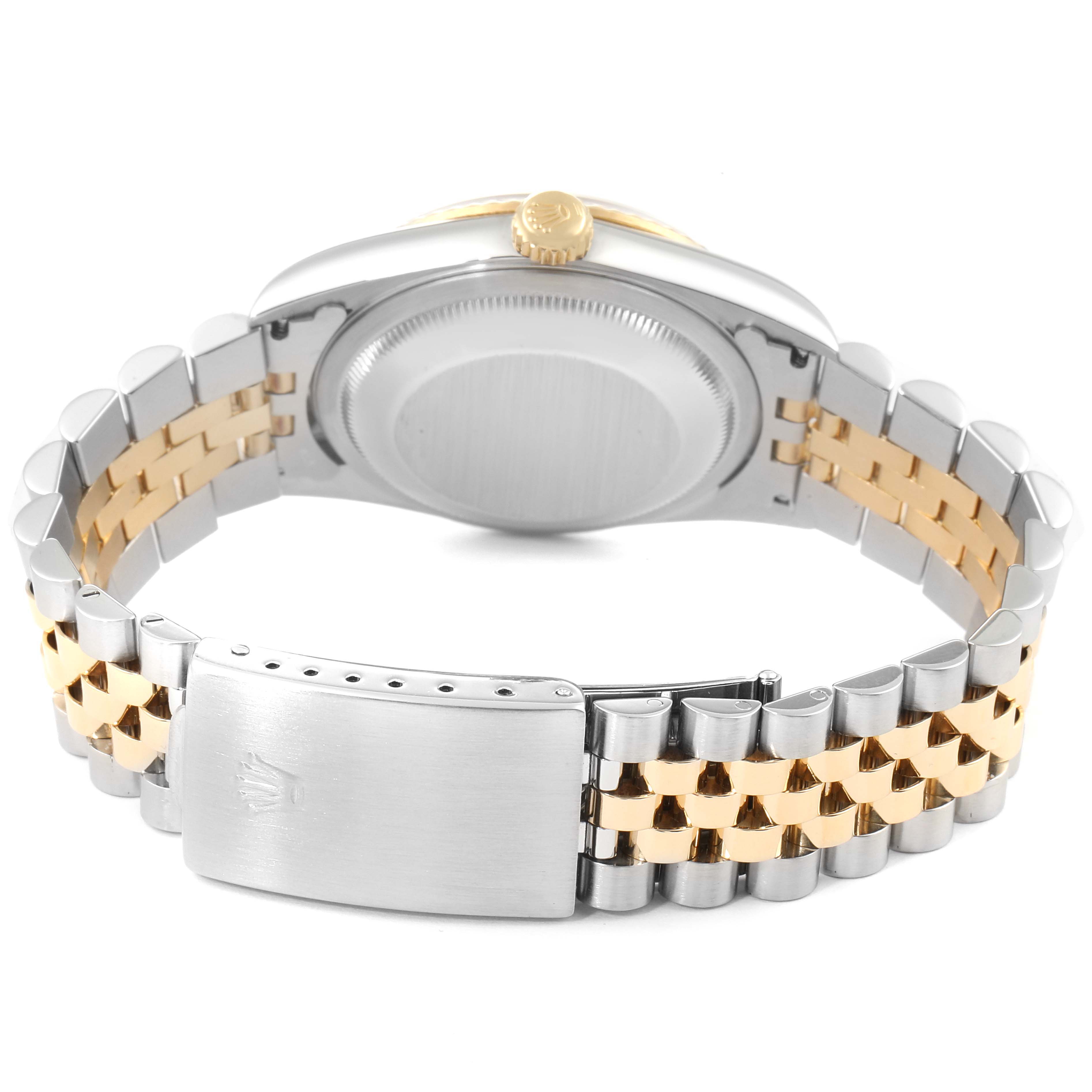 The image shows the back case and two-tone bracelet of a Rolex Datejust 16233 Men's Steel and Gold (two tone) Black Dial 16233 Men's Steel and Gold (two tone) Black Dial watch from a rear angle.