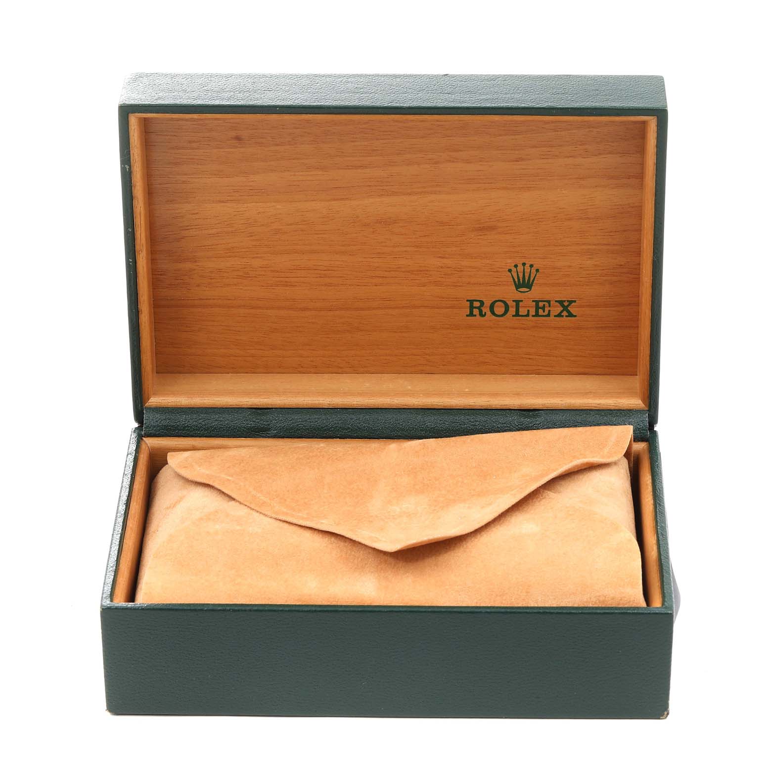 The image shows an open Rolex Datejust 16233 Men's Steel and Gold (two tone) Black Dial 16233 Men's Steel and Gold (two tone) Black Dial box with a watch pouch inside, displaying the "ROLEX" logo.