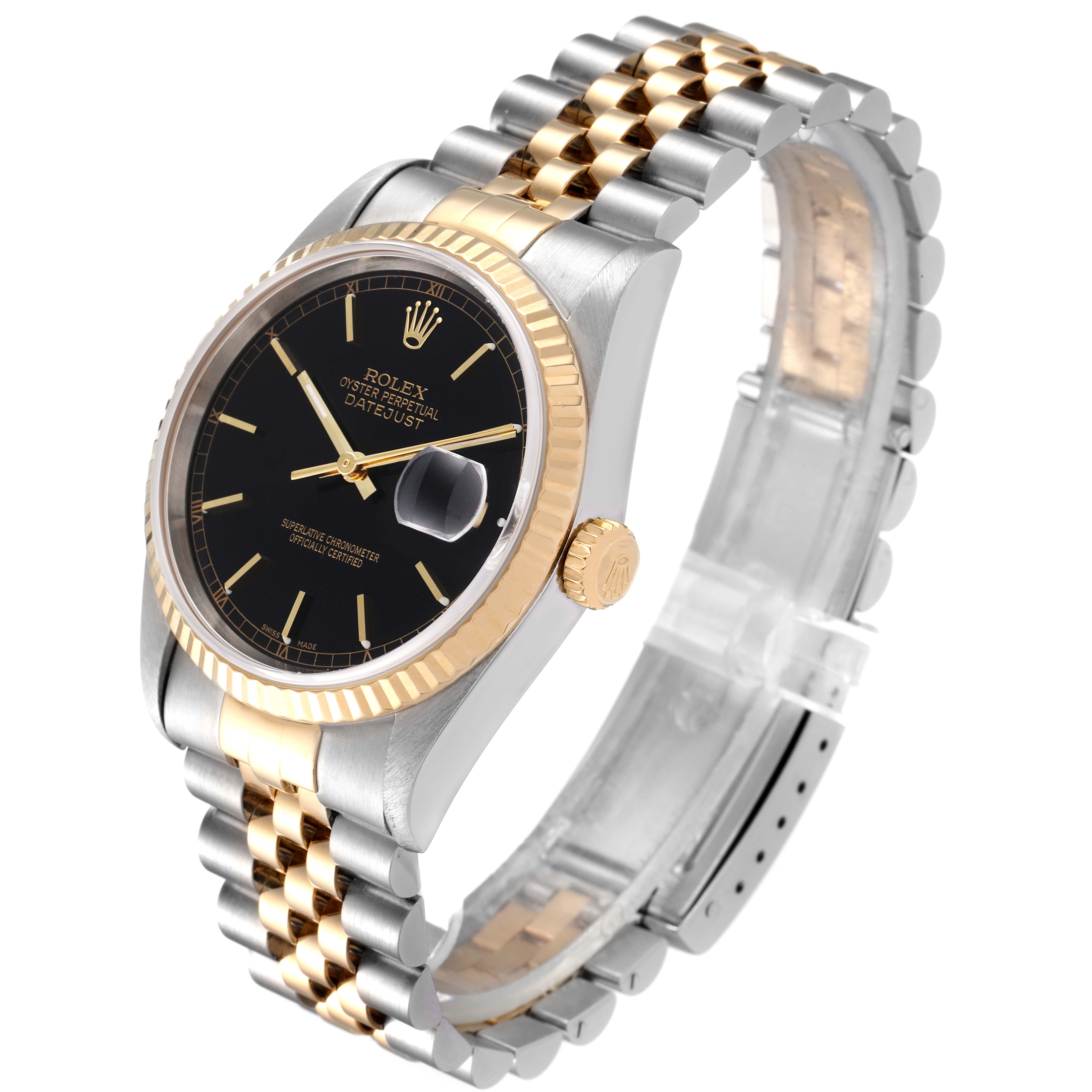 The image shows a Rolex Datejust 16233 Men's Steel and Gold (two tone) Black Dial 16233 Men's Steel and Gold (two tone) Black Dial watch at a slight side angle, highlighting its dial, crown, and two-tone metal bracelet.